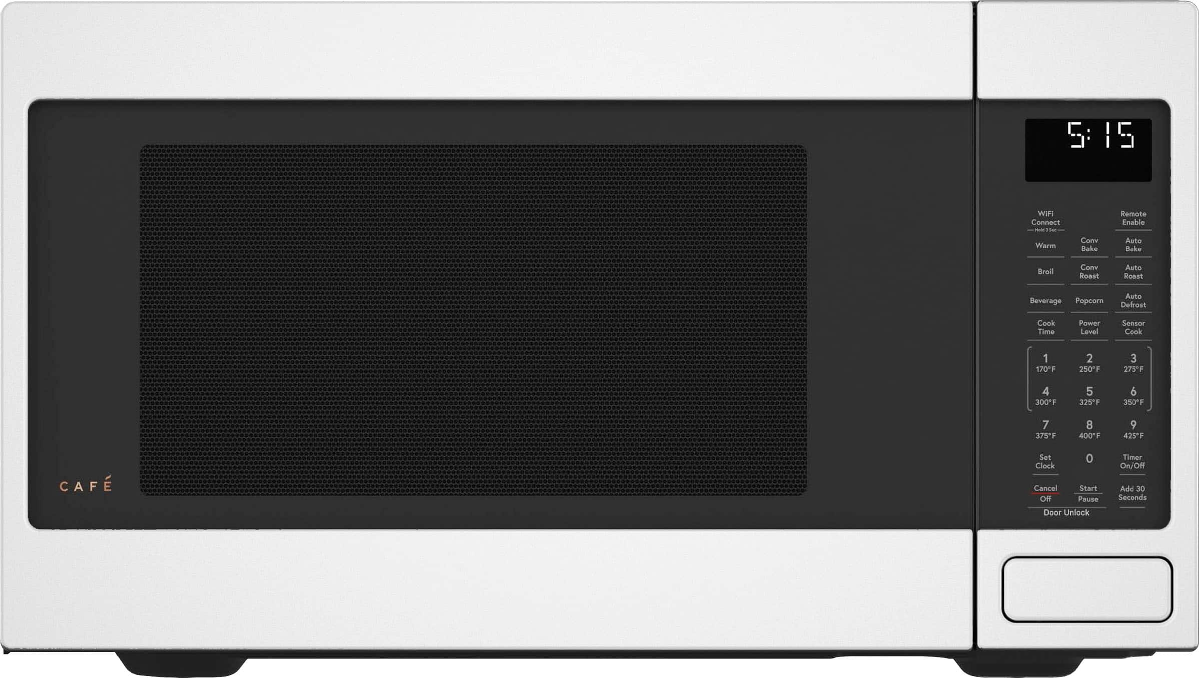 The text on the image reads:
5:15 WIF Connect - Warm Conv Bake Remote Enable Auto Boke Broil Con Roast Asto Roast Beverage opcorn Auto Defrost Cook Time Power Level Sensor Cook 1 170F 2 250F 3 275F 4 300F 5 325F 6 350F 7 375F 8 400F 9 425F CAF Set 0 Clock Cancel Start Of Pause Door Unlock Timer On/Off Add 30 Seconds