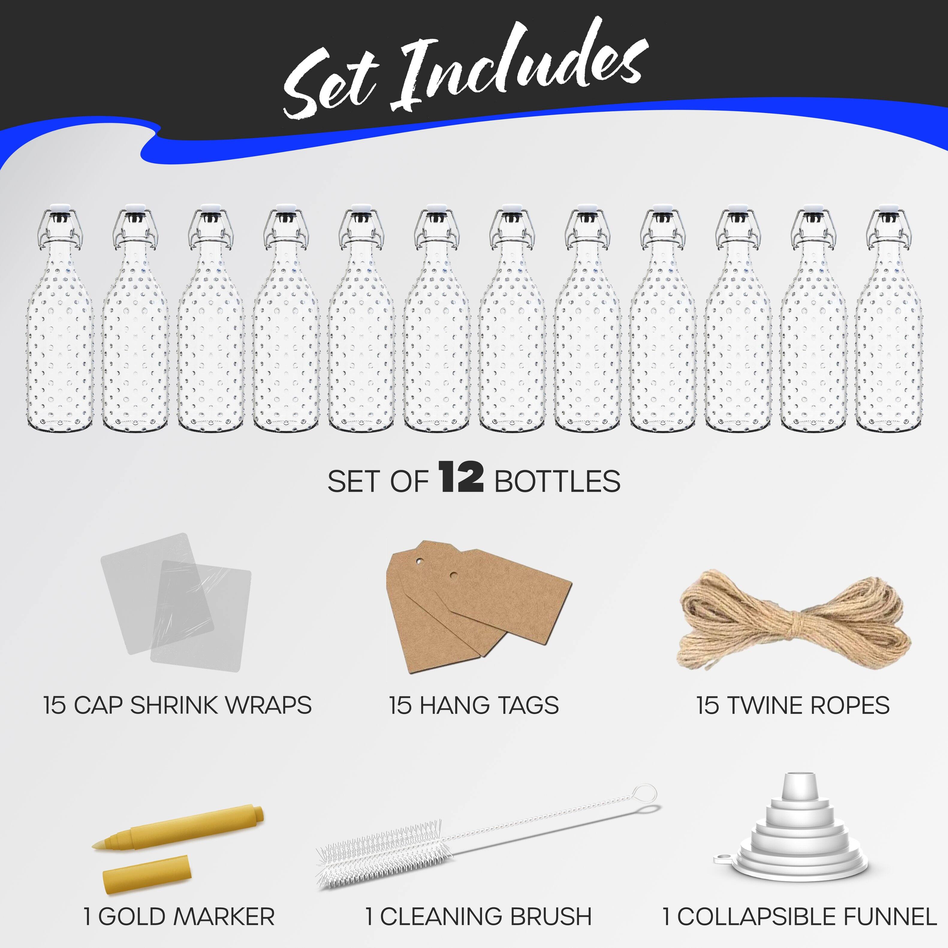 Set Includes

- SET OF 12 BOTTLES
- 15 CAP SHRINK WRAPS
- 15 HANG TAGS
- 15 TWINE ROPES
- 1 GOLD MARKER
- 1 CLEANING BRUSH
- 1 COLLAPSIBLE FUNNEL