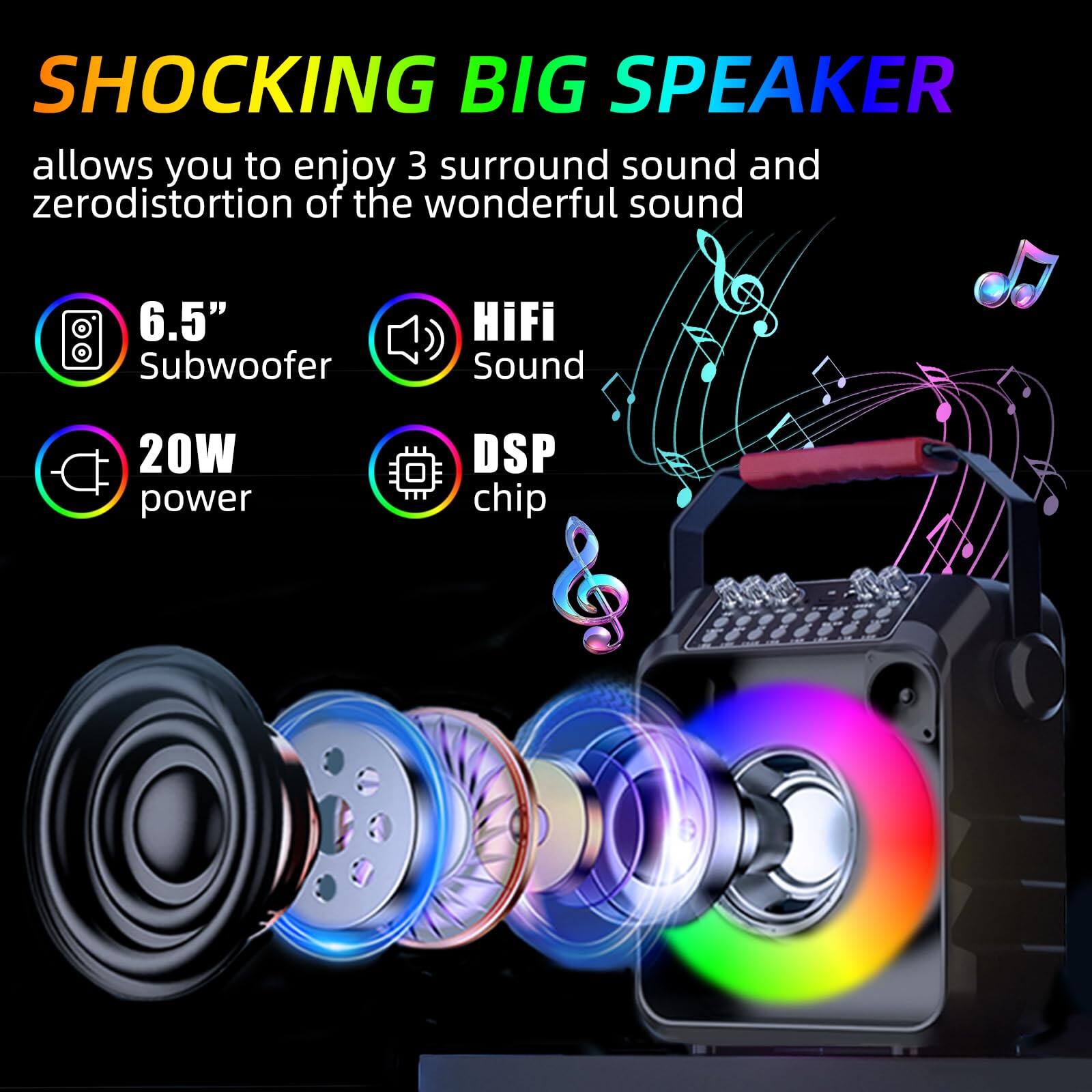 SHOCKING BIG SPEAKER  
allows you to enjoy 3 surround sound and zero distortion of the wonderful sound

- 6.5" Subwoofer
- HiFi Sound
- 20W power
- DSP chip