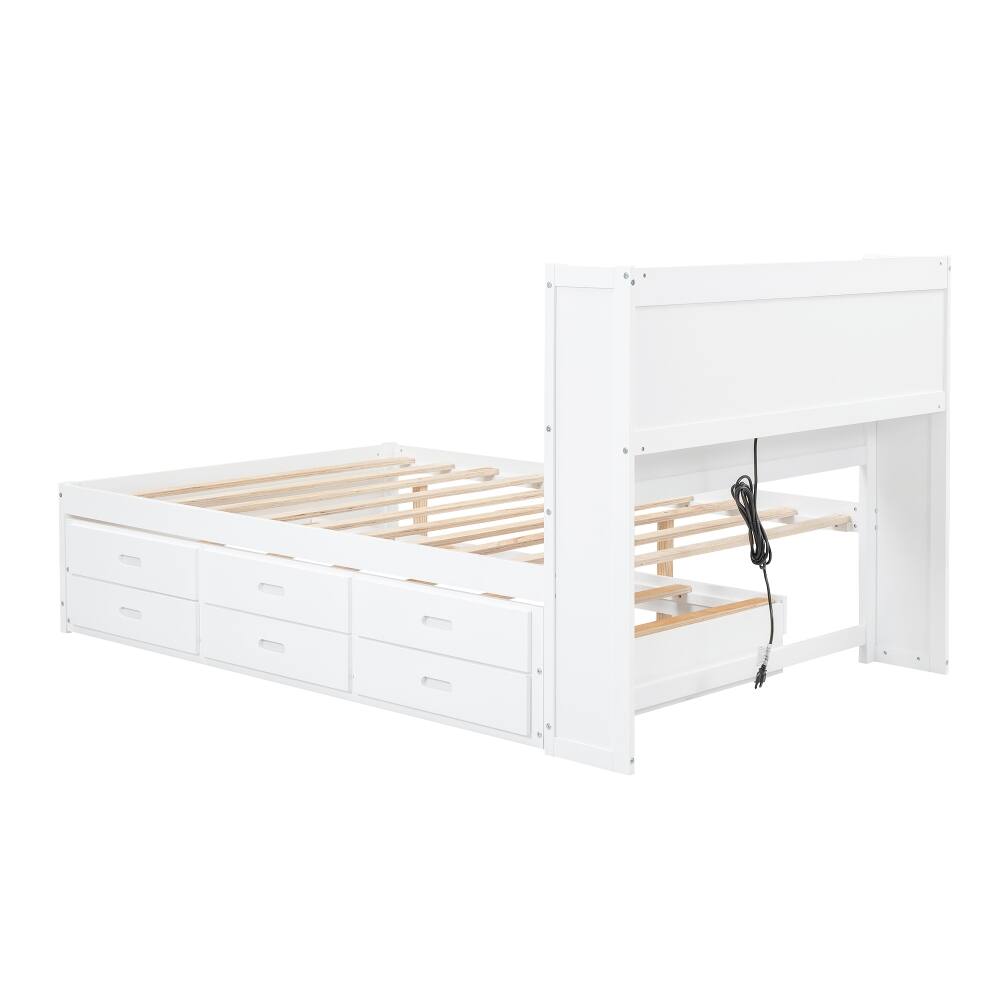 Alt View 9. Loheer - Loheer Full Size Platform Bed with Trundle, Storage Drawers and USB Ports, White Captains Bed with Bookcase Headboard - White.