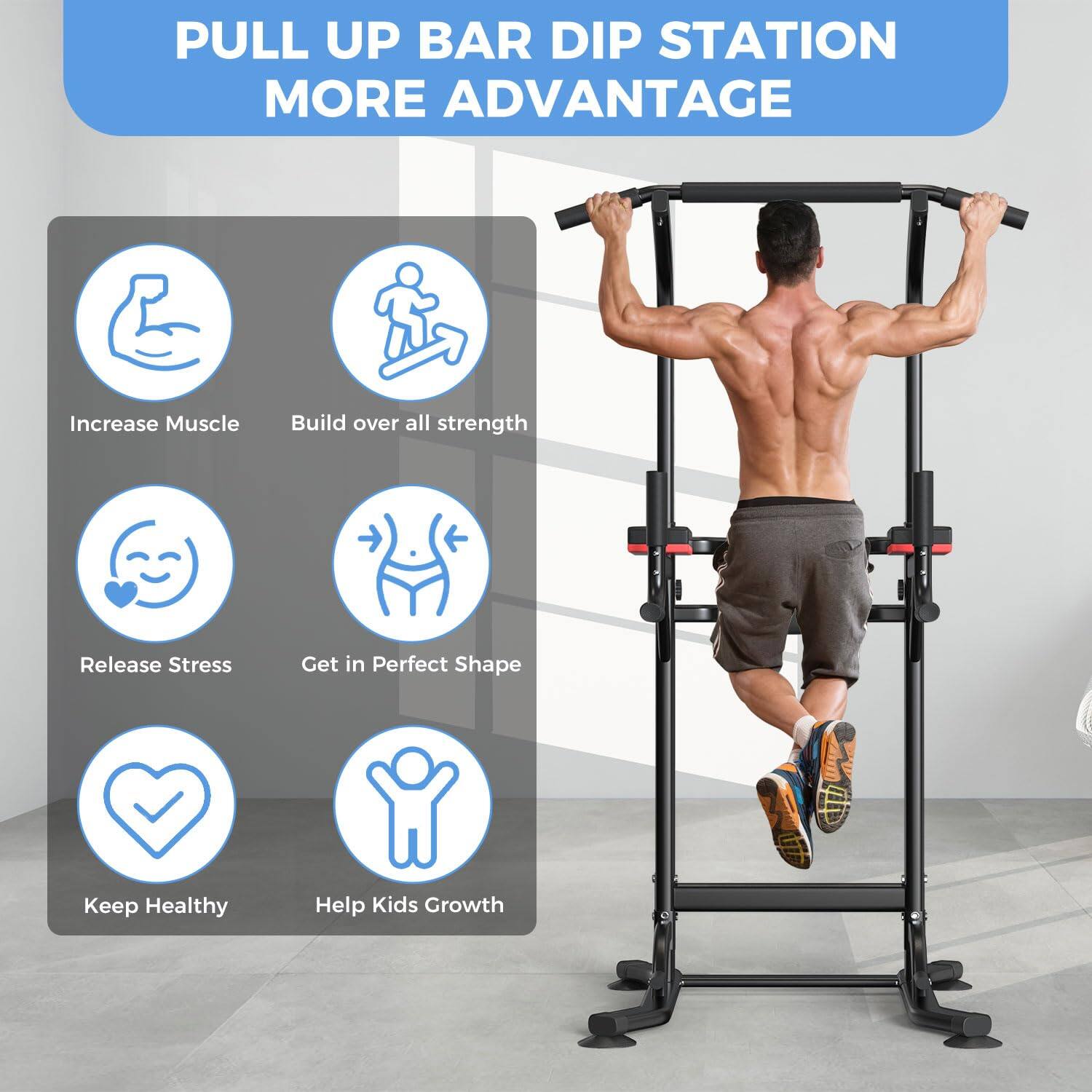 PULL UP BAR DIP STATION MORE ADVANTAGE

- Increase Muscle
- Build over all strength
- Release Stress
- Get in Perfect Shape
- Keep Healthy
- Help Kids Growth