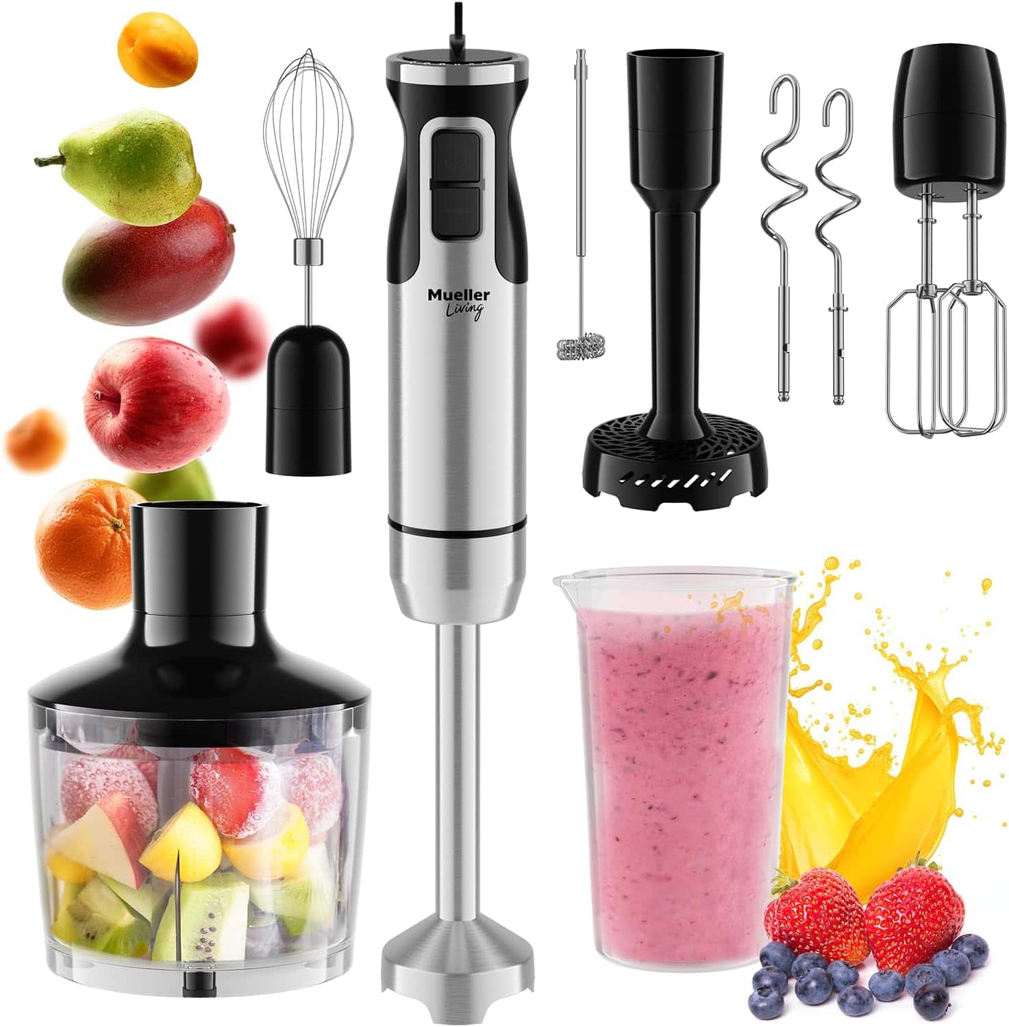 MuellerLiving - Immersion Hand Blender Full Set, 7 Attachments: Blade, Whisk, Frother, Beater, Mixing Hooks, Potato Masher, Chopper Bowl - Stainless Steel