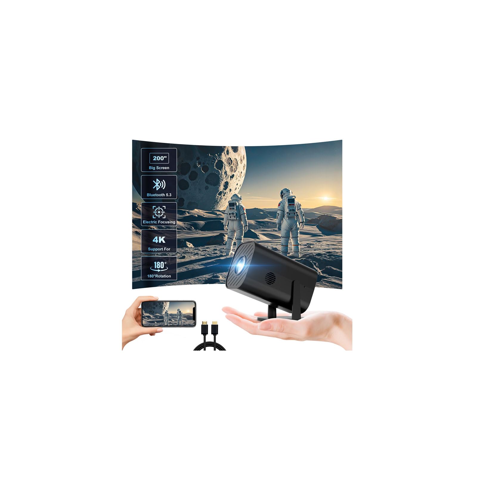 The Best Inks - Mini Room Projector For Bedroom(built-in With Hdmi Cable) 200-inch Large Screen Ntive 1080p Compatible 4k Supports - Mini Movie Projector