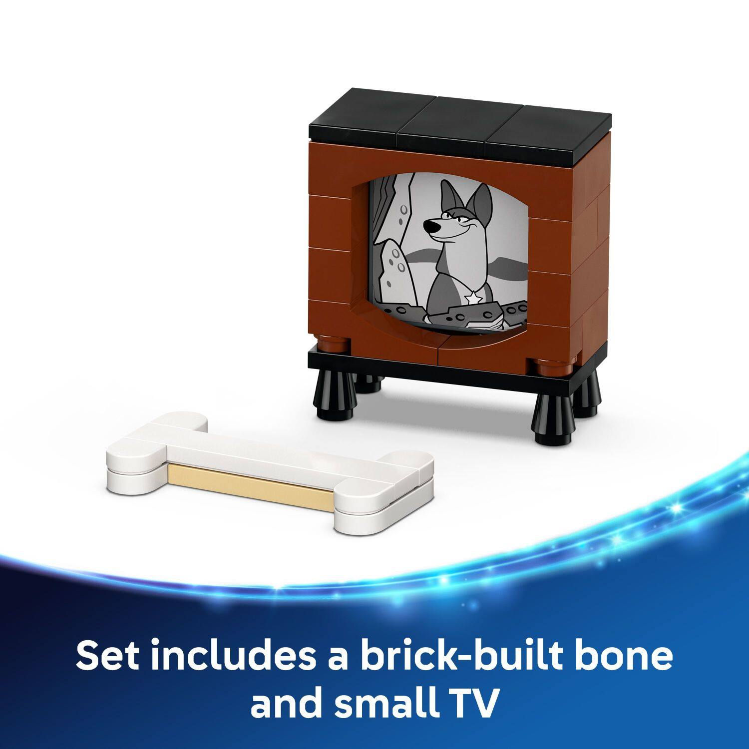 The corrected text is: "Set includes a brick-built bone and small TV."