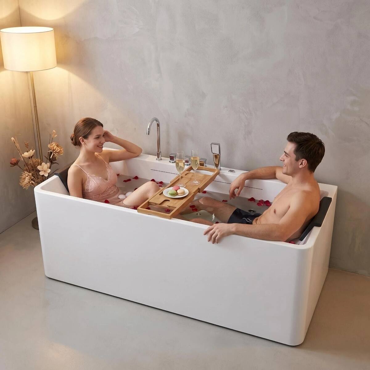 Alt View 10. Loheer - Loheer 67 Inch Freestanding Whirlpool Bathtub Rectangular Acrylic Spa Bathtub with Ambient Light and Center Drain - Milk White.