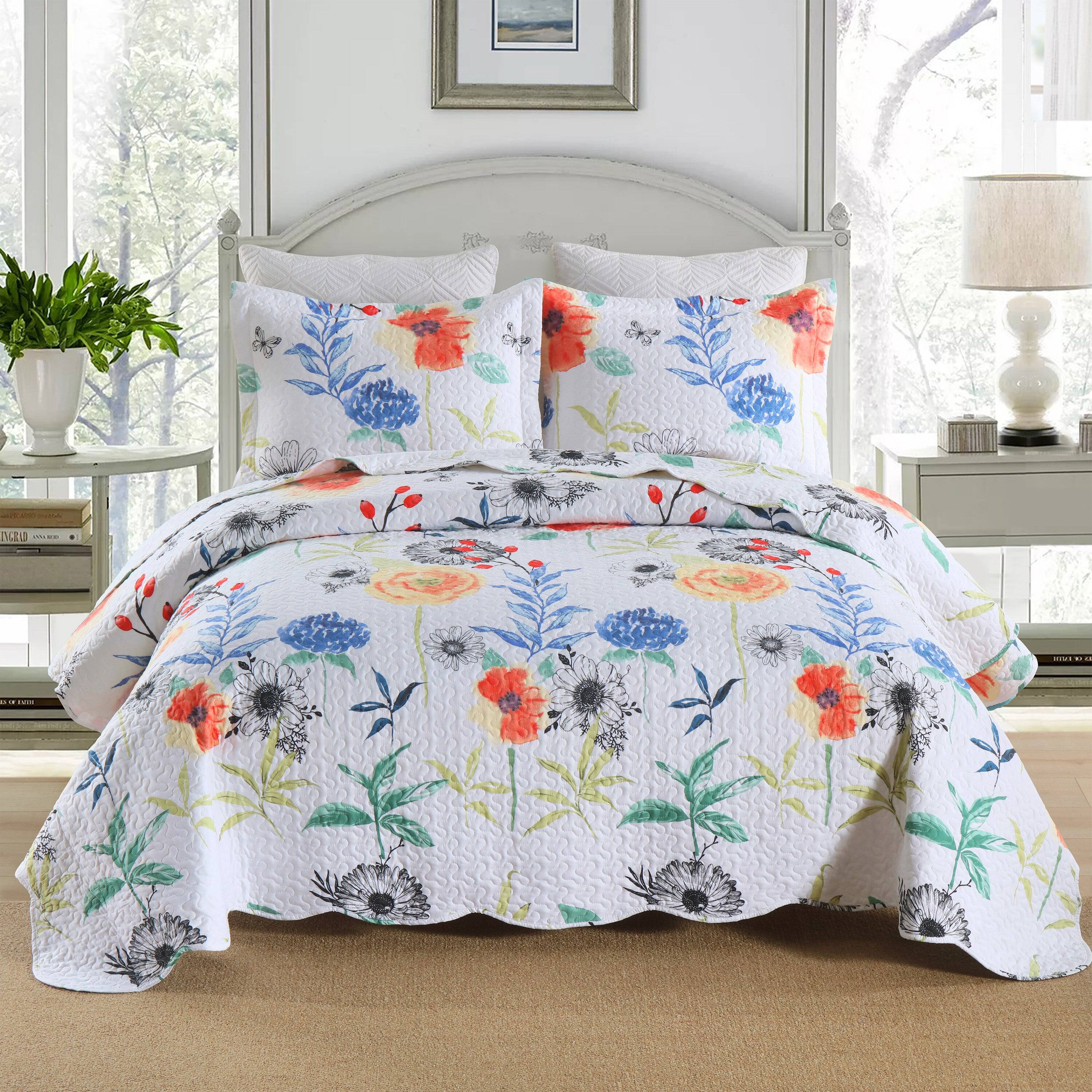 Front. MarCielo - Marcielo 3 Pcs Printed Floral Lightweight Quilt Bedspread Set - Multi Floral.