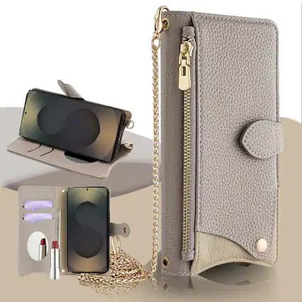 Front. Dteck - Crossbody Wallet Case for Google Pixel 10 Pro XL, Elegant Zipper PU Leather Folio Stand Cover, Built-in Mini Mirror - Gray.