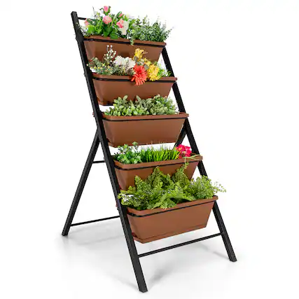Front. Costway - 5-tier Vertical Garden Planter Box Elevated Raised Bed w/5 Container - Brown.