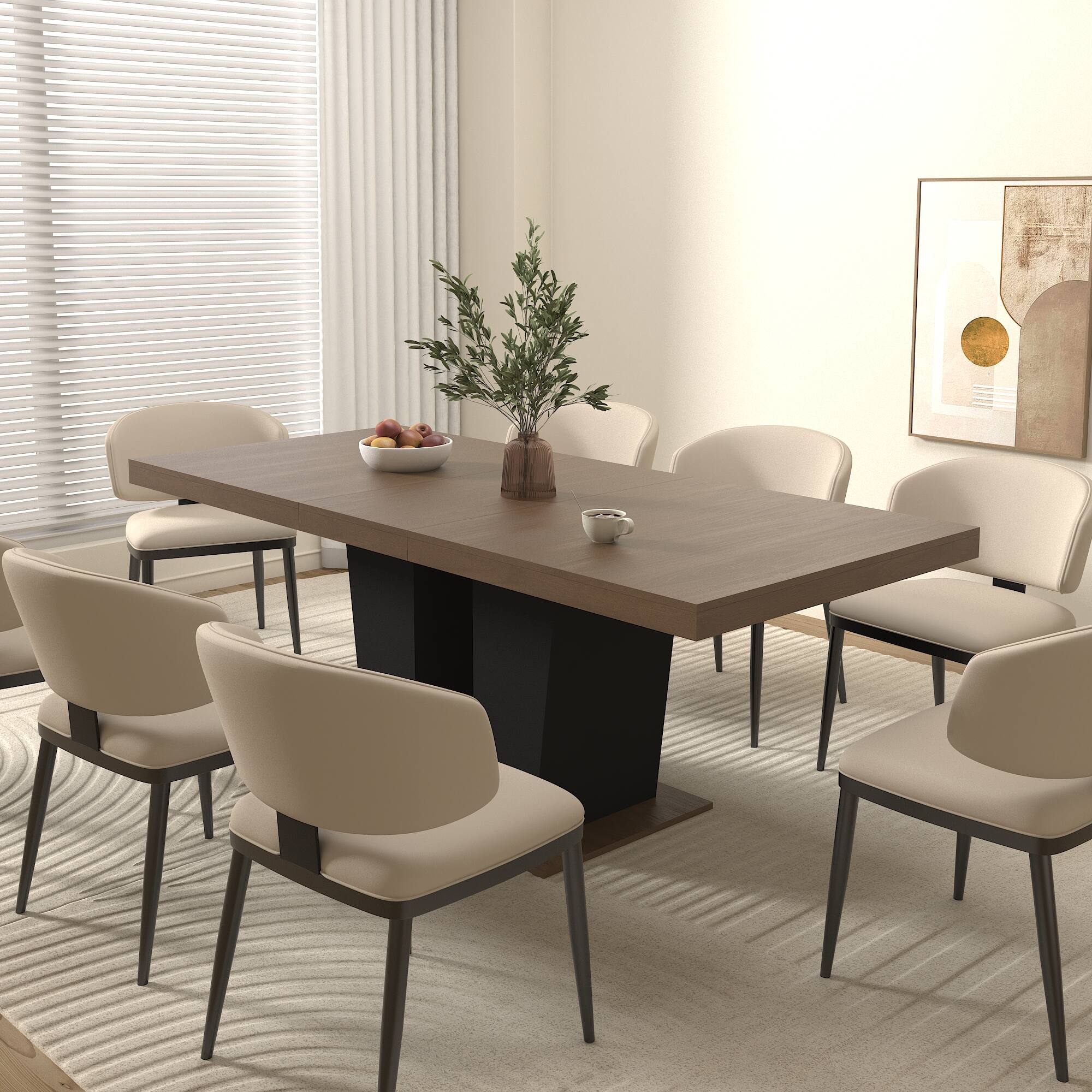 Angle. Tiramisubest - Extendable Dining Table for 4-10 People, Large Rectangle Dining Table with Black Double Sturdy Pedestal Base - Beige+Brown.