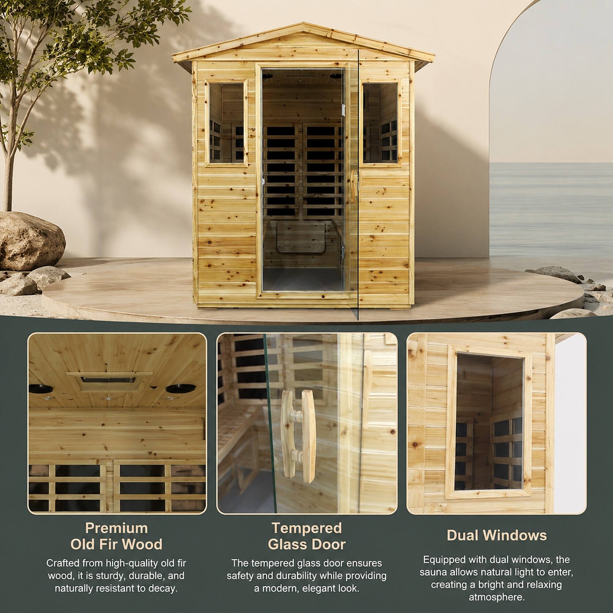 Premium Old Fir Wood  
Crafted from high-quality old fir wood, it is sturdy, durable, and naturally resistant to decay.

Tempered Glass Door  
The tempered glass door ensures safety and durability while providing a modern, elegant look.

Dual Windows  
Equipped with dual windows, the sauna allows natural light to enter, creating a bright and relaxing atmosphere.