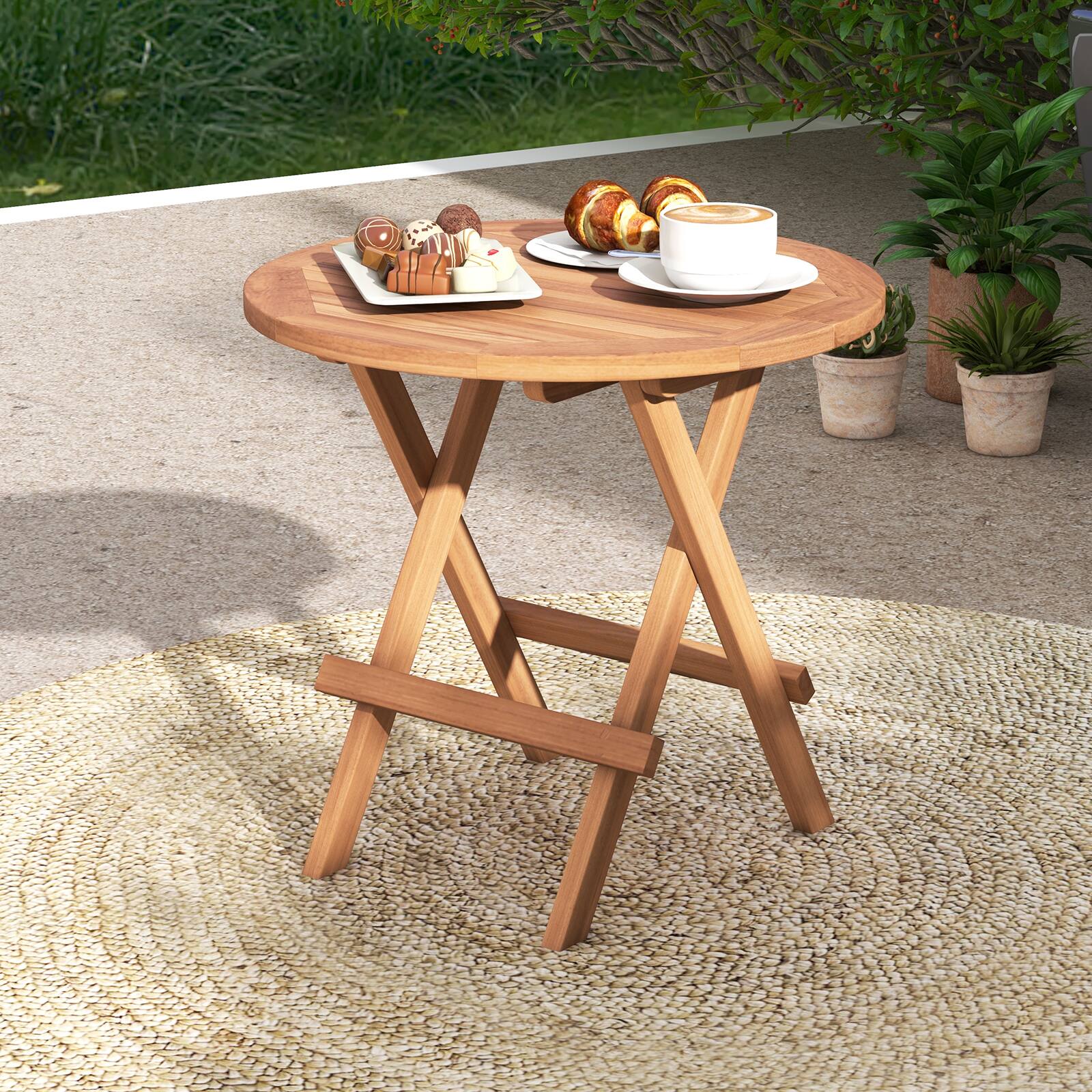 Alt View 3. Costway - Costway 1 PC Patio Folding Side Table Indonesia Teak Wood Round Slatted Tabletop Portable Camping - Natural.