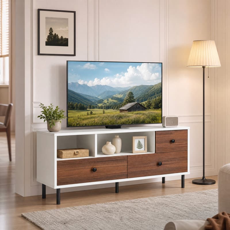 WELLFOR - Mid-Century TV Stand for 50-inch TVs , Entertainment Center Media Console Table with 2 Cubbies and 3 Drawers - White& Brown