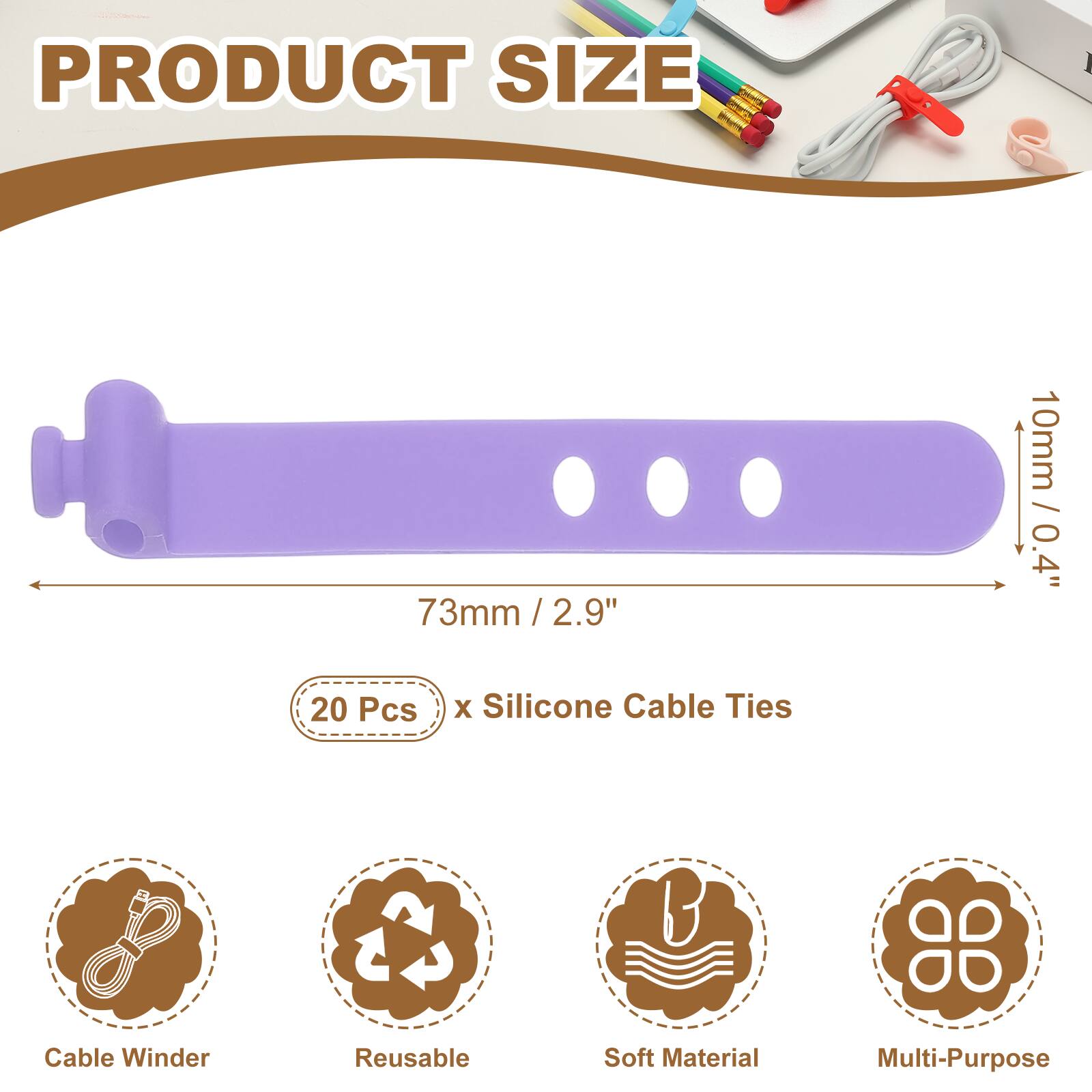 PRODUCT SIZE - 73mm / 2.9" / 2.9" 10mm / 0.4" 20 Pcs x Silicone Cable Ties 8 Cable Winder Reusable U Soft Material Multi-Purpose