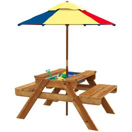 Outsunny - Kids Picnic Table with Foldable Umbrella, 3 in 1 Sand/Water Activity Table with 2 Play Boxes, Removable Top - Teak