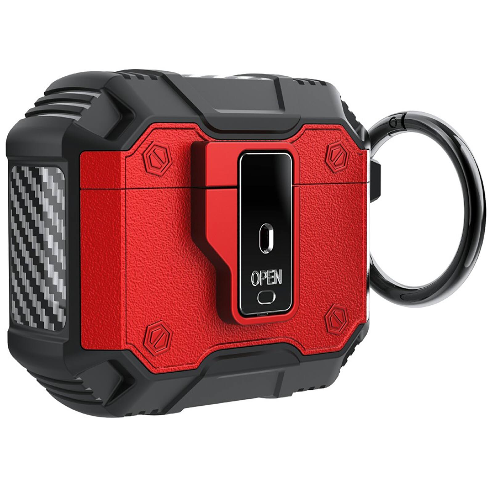 Front. UUCOVER - For Apple Airpods 4th Gen Protective Case with Secure Button Lock and Metal Keychain, Drop Protection Full-Body Cover - Red.