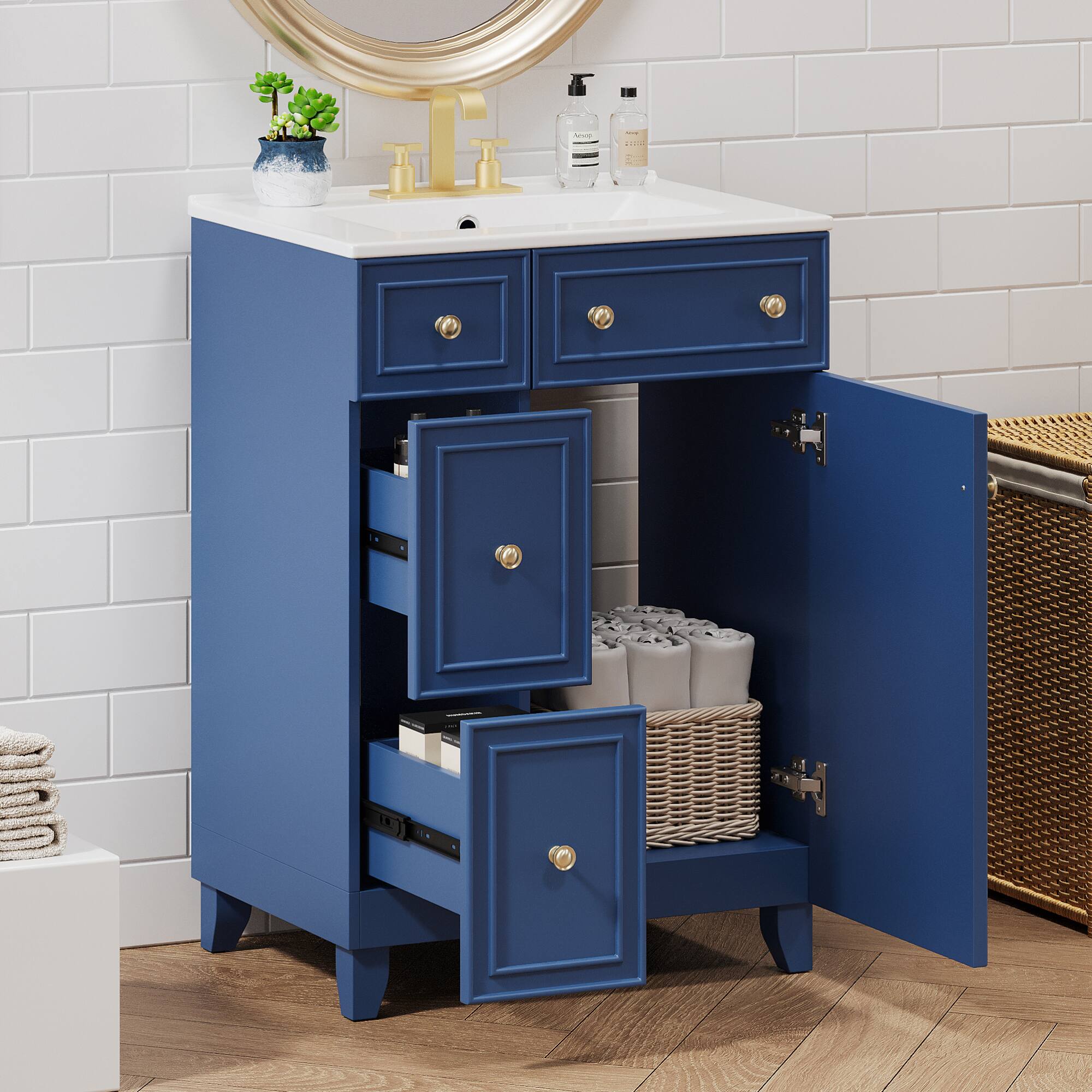 Front. ELEMENT ACE - Compact 24-Inch Bathroom Vanity Cabinet with Ceramic Sink and Ample Storage Space - Blue.