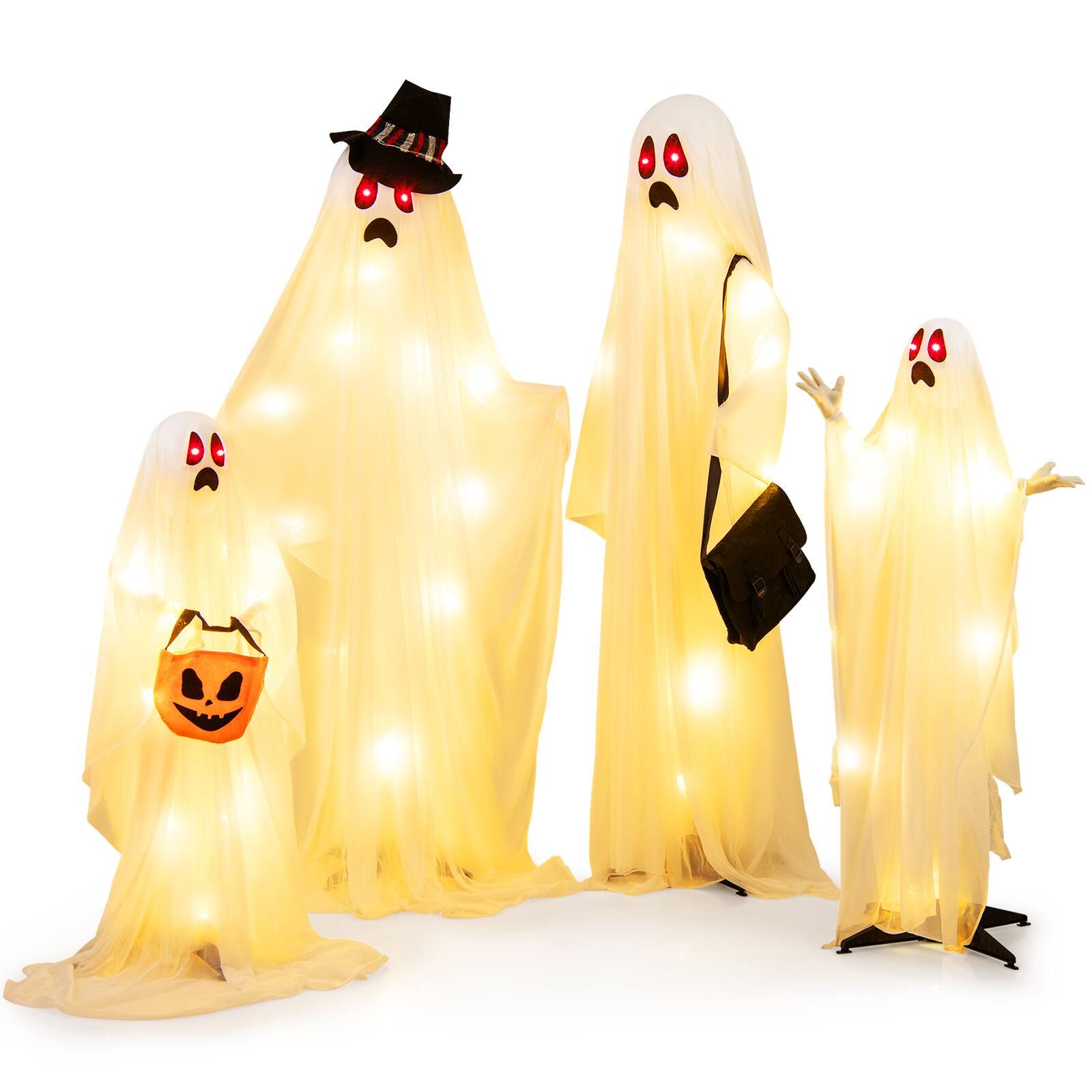 Costway - 4 PCS Halloween Light up Cloth Ghosts Life-size Standing Ghost Family with Red and Warm LED Lights - White