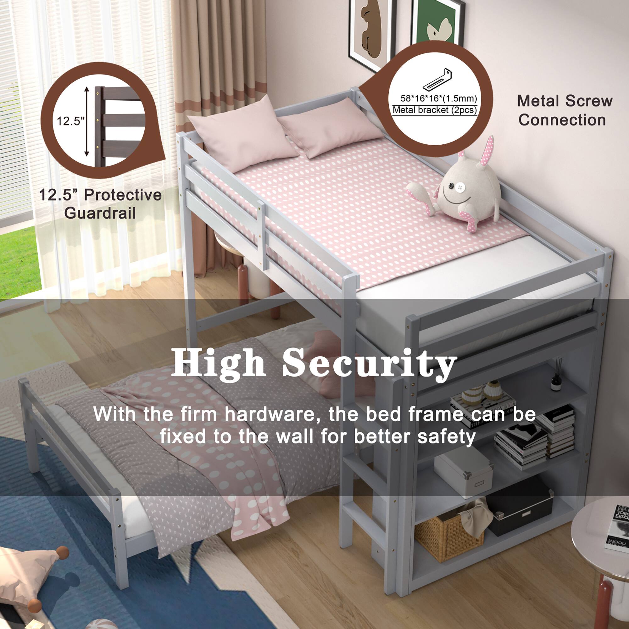 12.5" Protective Guardrail

58*16*16 (1.5mm) Metal Screw Connection Metal bracket (2pcs)

High Security

With the firm hardware, the bed frame can be fixed to the wall for better safety
