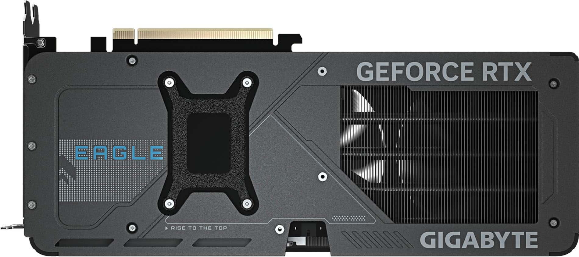 The text on the image is grouped as follows:
GEFORCE RTX EAGLE RISE TO THE TOP GIGABYTE
