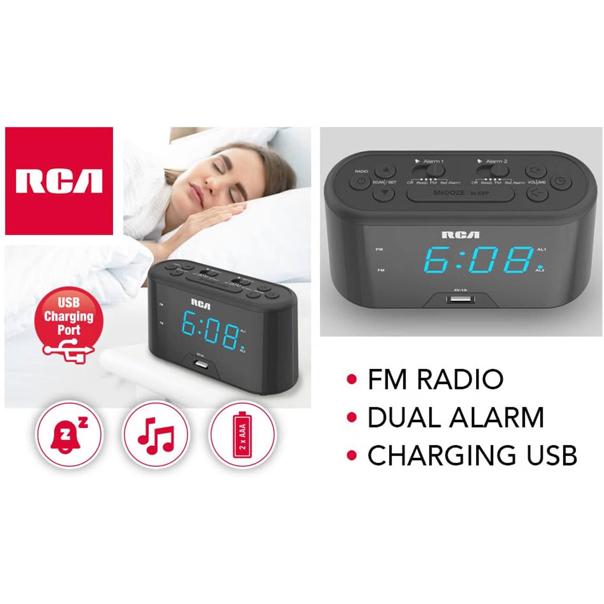 RCA  
RCA SCANN/SET  
Alarms: Alarm 1, Alarm 2  
PM Beep PM SNOOZE SLEEP  
USB Charging Port  
RCA 6:08: AAA x 2  
RCA PM ALS FM 6:08 AIL2 FM RADIO DUAL ALARM CHARGING USB