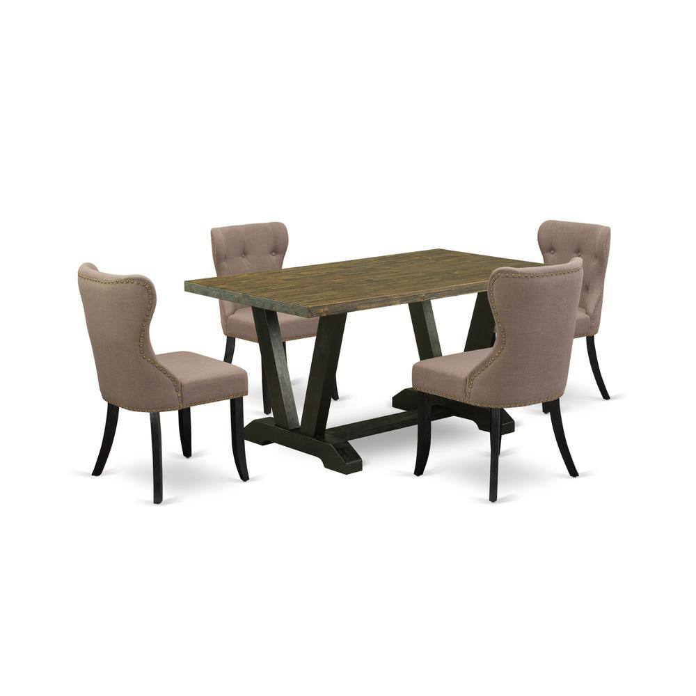 Left. East West Furniture - East West Furniture V676SI648-5 5-Pc Dining Table Set- 4 Parson Dining Chairs with Coffee Linen Fabric Seat and Button - Multi-Color.