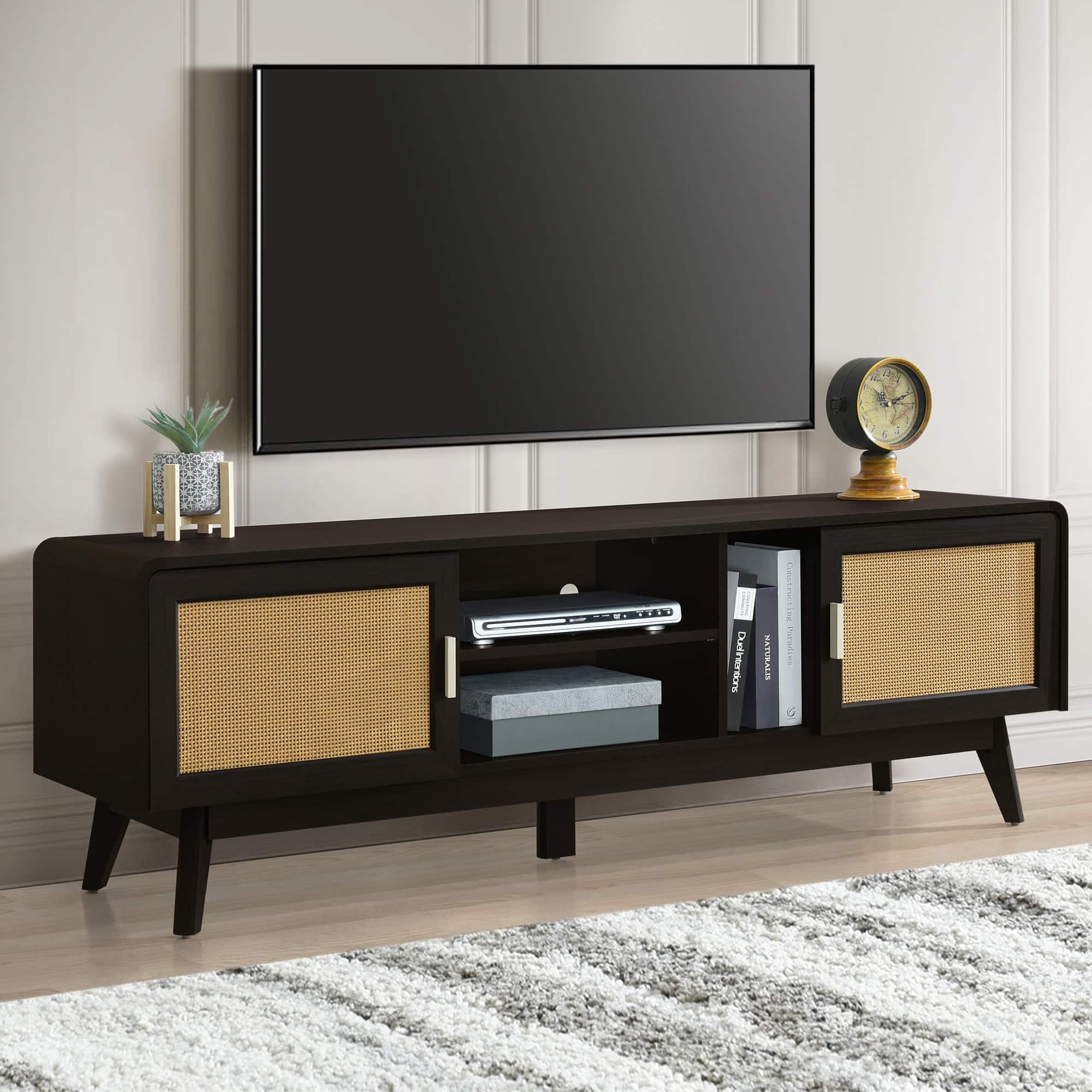 Spaco - 63" Rattan TV Stand for 65" TVs, 2 Storage Cabinets with Solid Wood Legs, Media Console for Living Room - Dark Brown