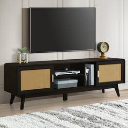 Spaco - 63" Rattan TV Stand for 65" TVs, 2 Storage Cabinets with Solid Wood Legs, Media Console for Living Room - Dark Brown