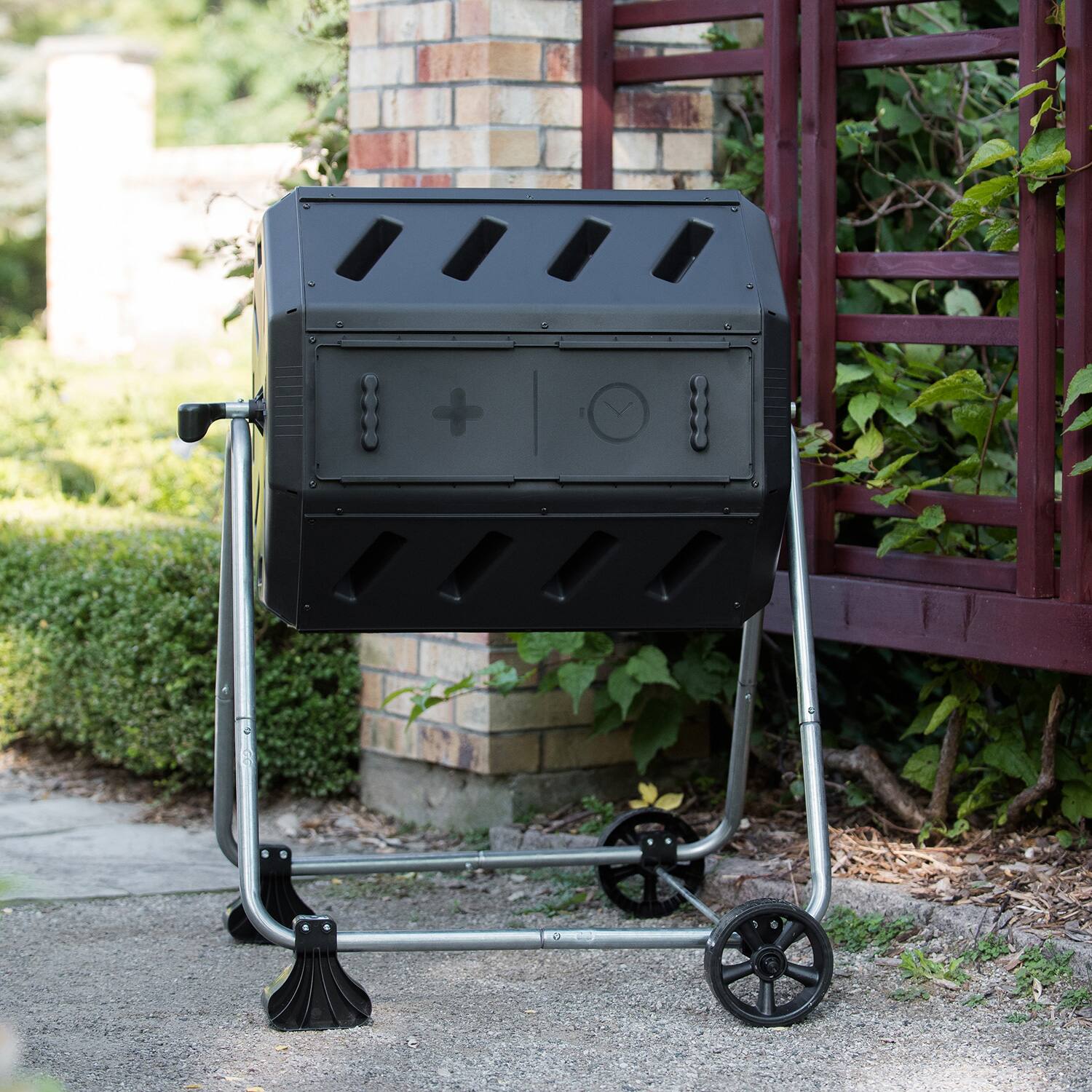 Alt View 5. FCMP Outdoor - FCMP Outdoor 37 Gallon Dual Chamber Tumbling Composter Bin with Wheels, Black.