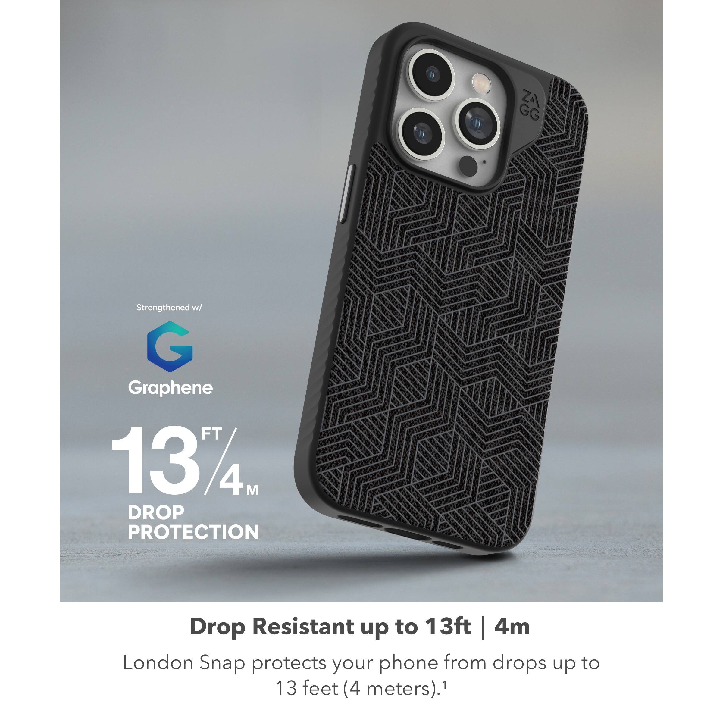 The image features a black smartphone case with a drop protection feature. The case is designed to be drop resistant up to 13 feet (4 meters) and is made with a combination of G Graphene and a hard case. The case is advertised to protect the phone from drops, and the image showcases the case being used on a smartphone.