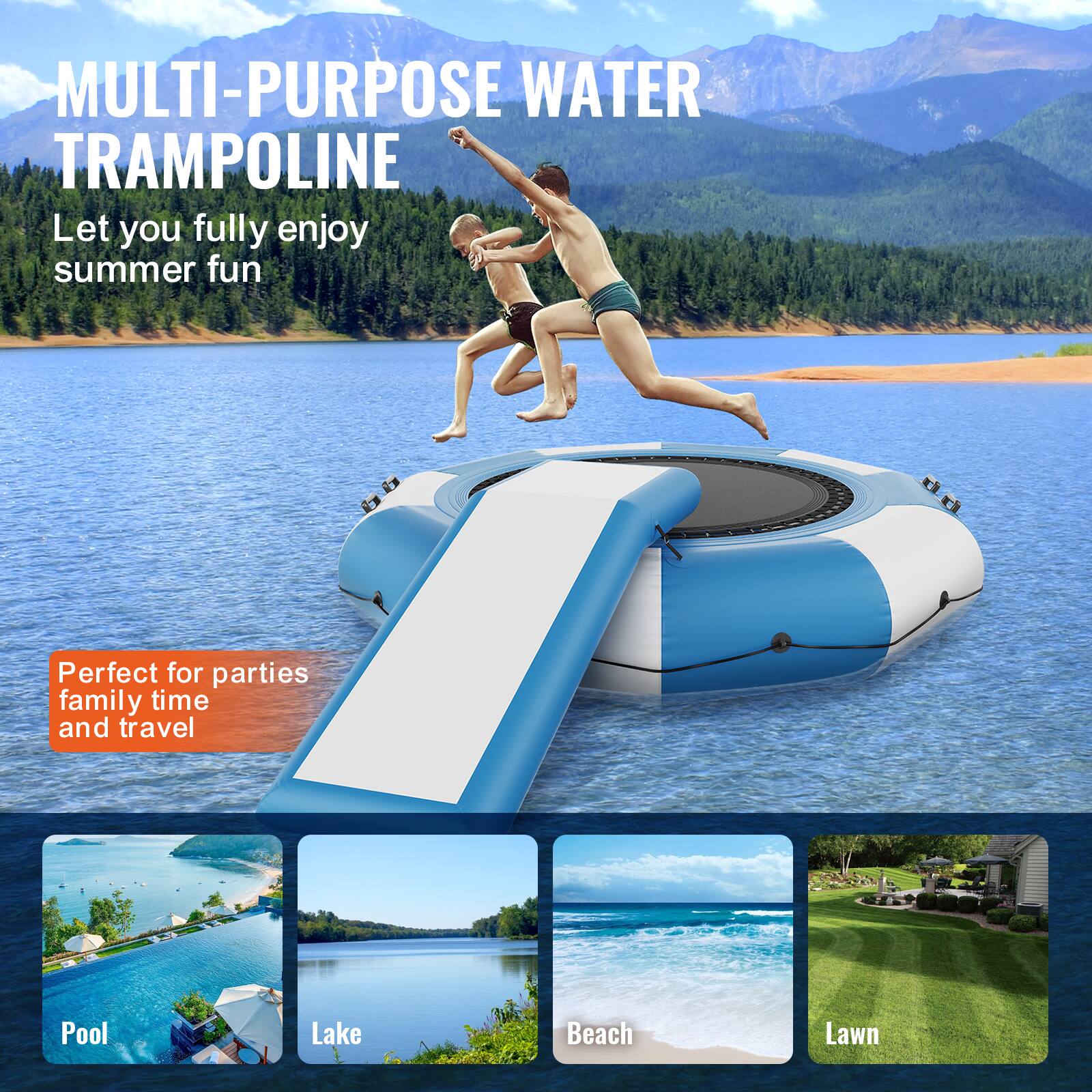 MULTI-PURPOSE WATER TRAMPOLINE
Let you fully enjoy summer fun

Perfect for parties, family time, and travel

Pool
Lake
Beach
Lawn