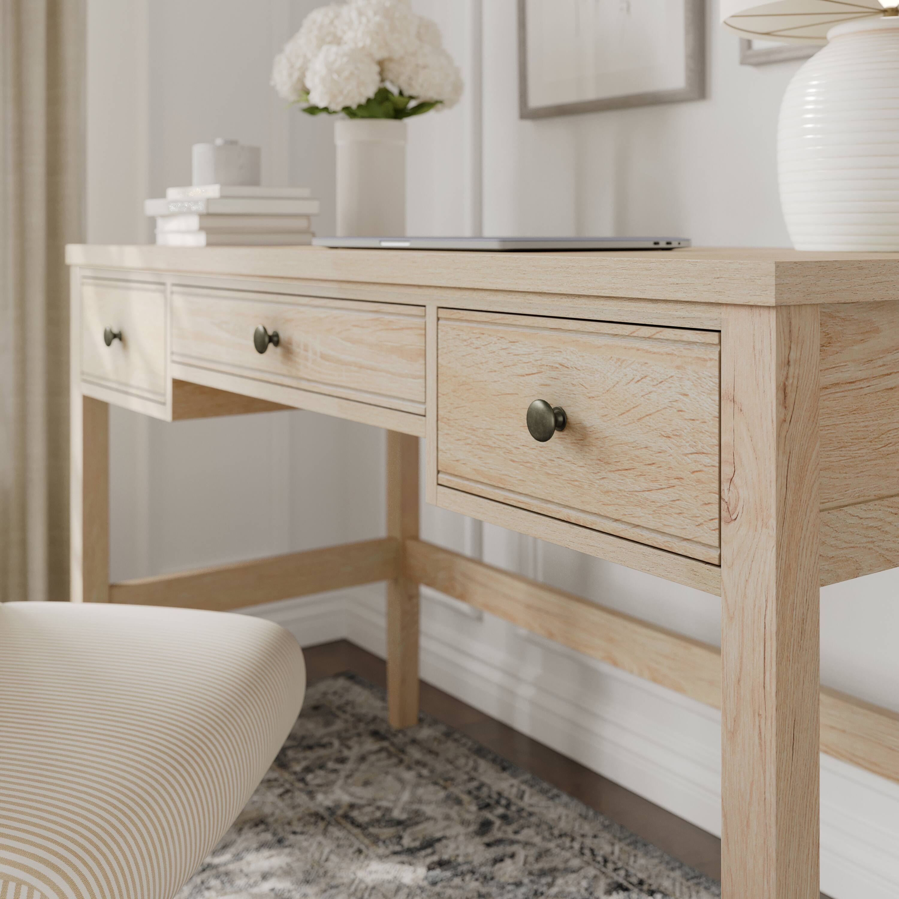 Alt View 5. Martha Stewart - Rhett Writing Desk with 3 Drawers and Tapered Legs - Light Natural Frame/Antique Bronze Hardware.