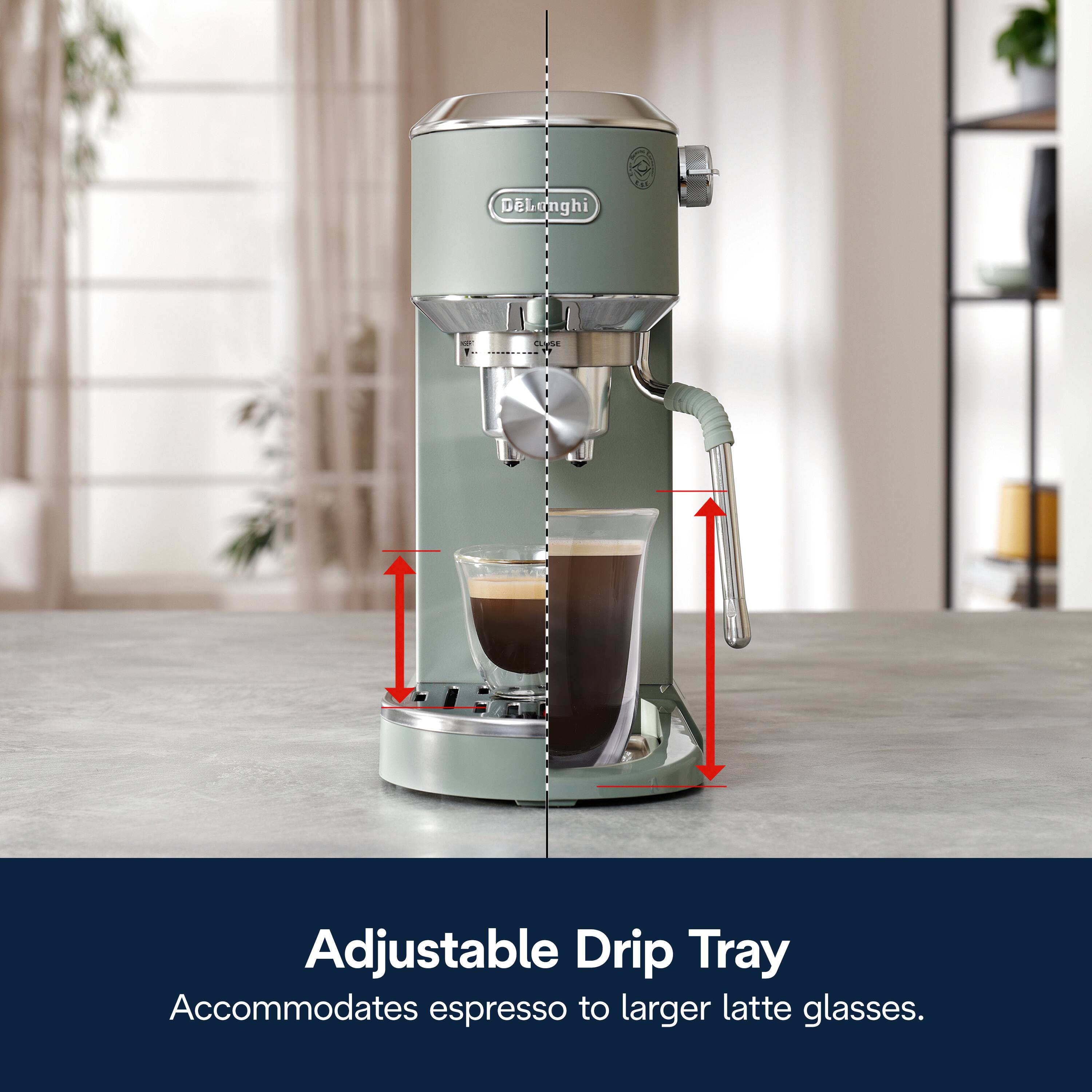 DeLonghi Adjustable Drip Tray accommodates espresso to larger latte glasses.