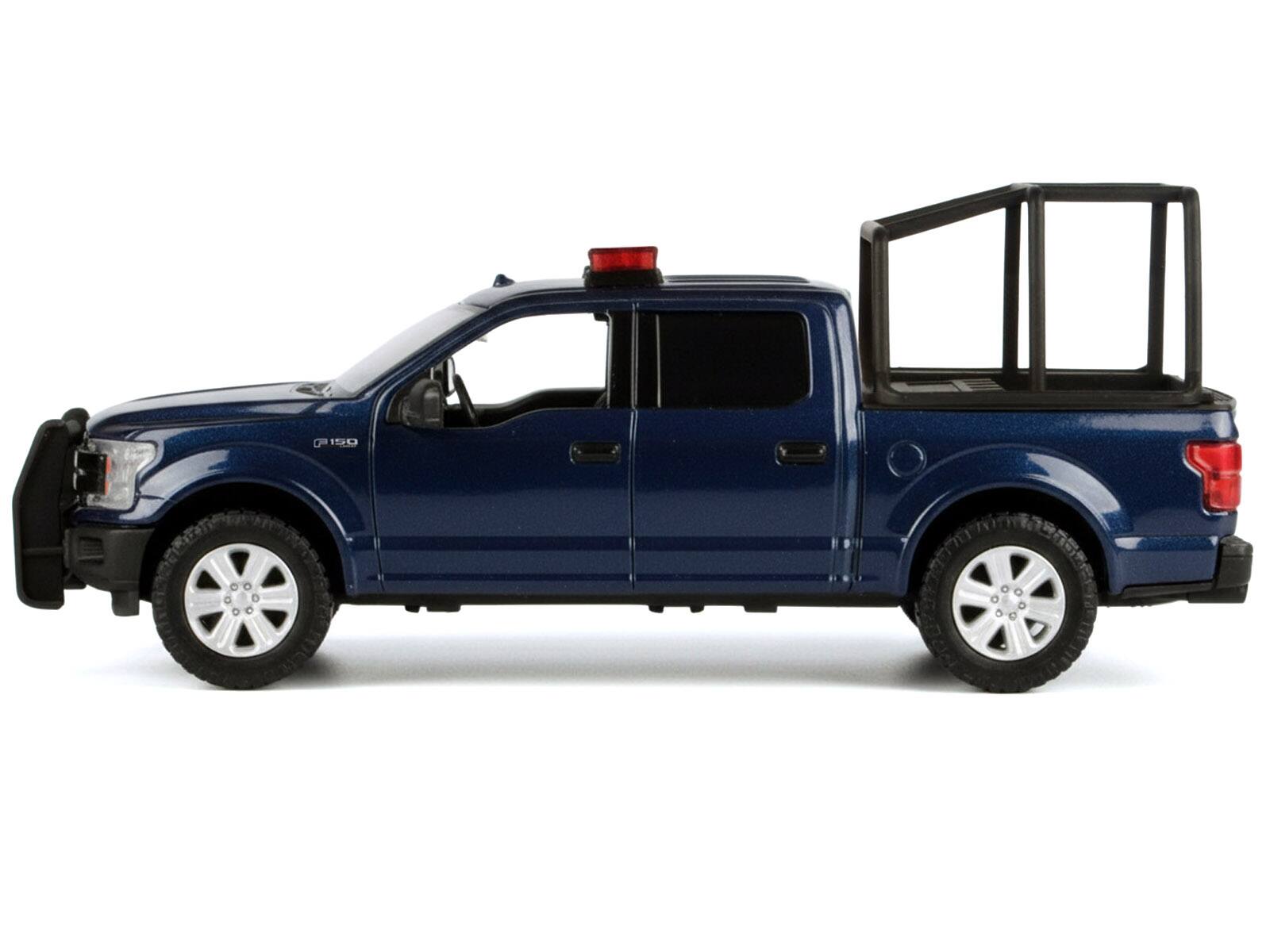Alt View 2. Motormax - 2019 Ford F-150 Lariat Crew Cab Truck with Bed Cage Dark Blue with Lights and Sounds 1/27 Diecast Model Car by Motormax.