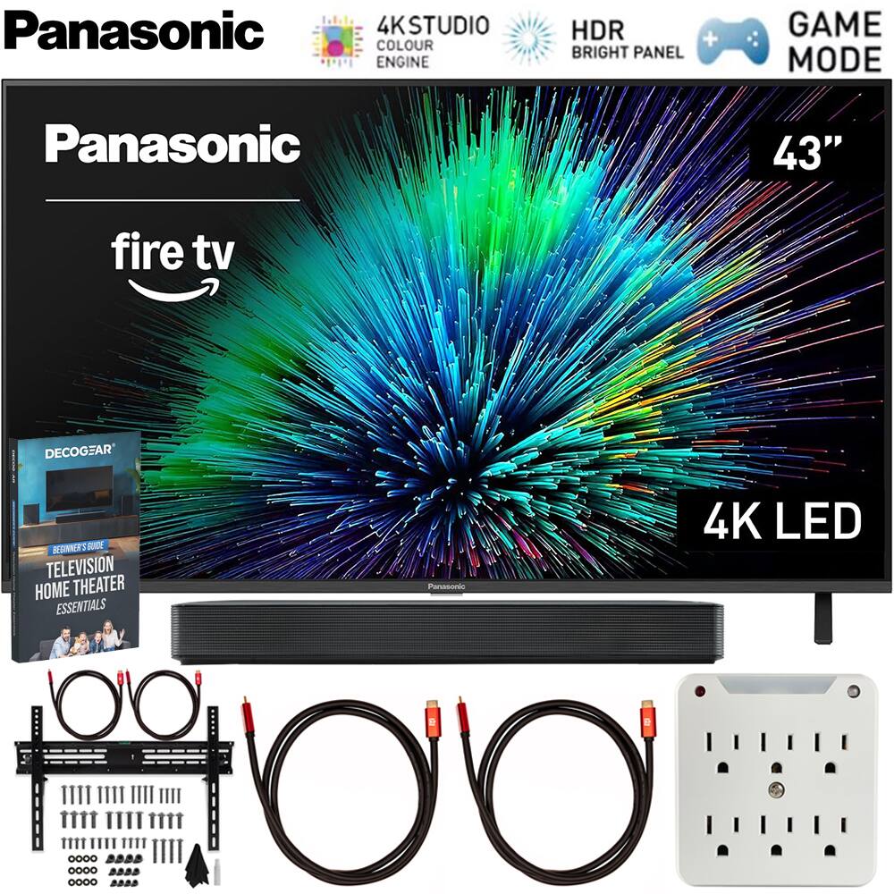 Panasonic  
4K STUDIO COLOUR ENGINE HDR + BRIGHT PANEL GAME MODE  
Panasonic 43" fire tv  
4K LED  
DECOGEAR  
BEGINNER'S GUIDE TELEVISION HOME THEATER ESSENTIALS