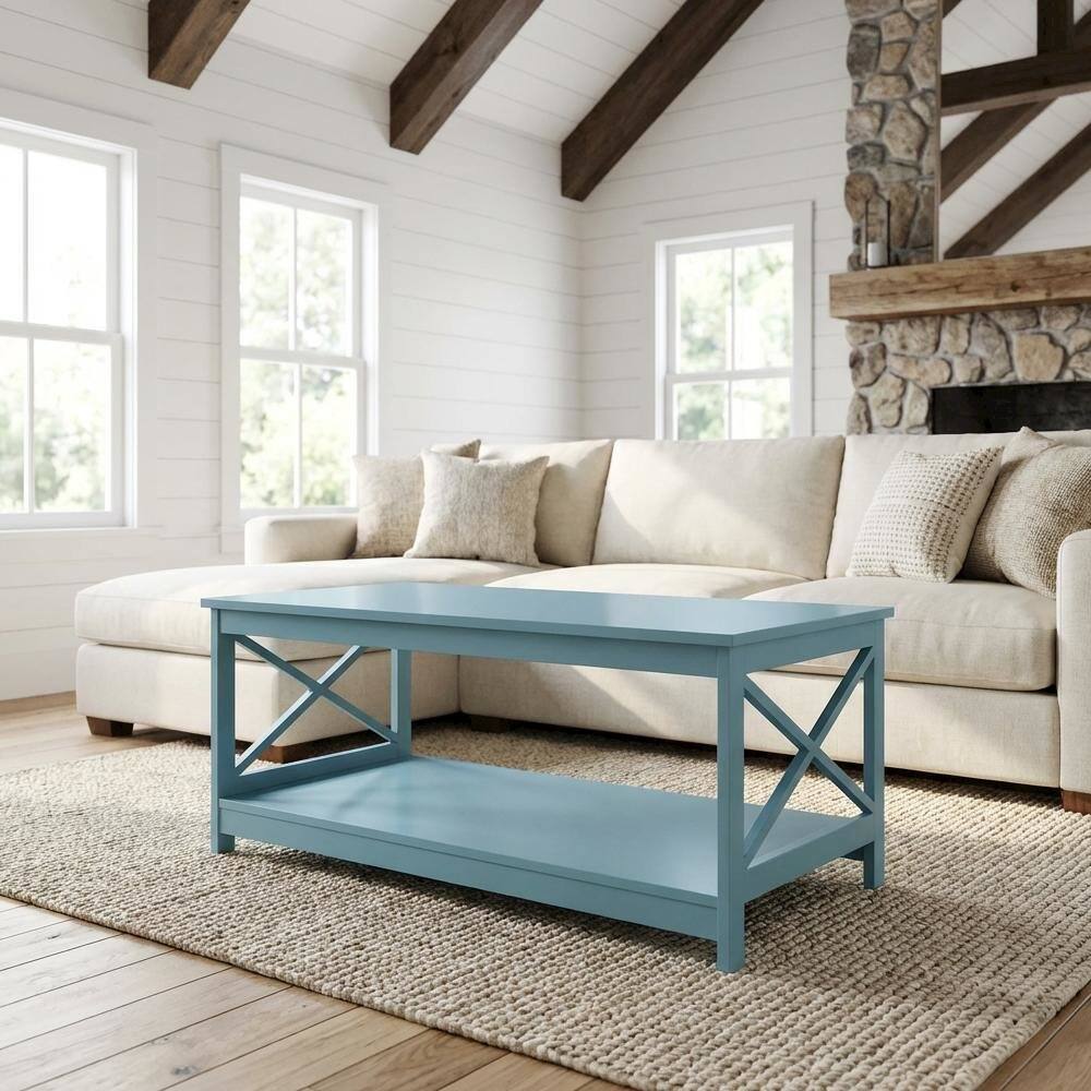 Left. FurniFact - Sea Foam Blue Coffee Table with MDF Construction and Spacious Surface - Sea Foam Blue.