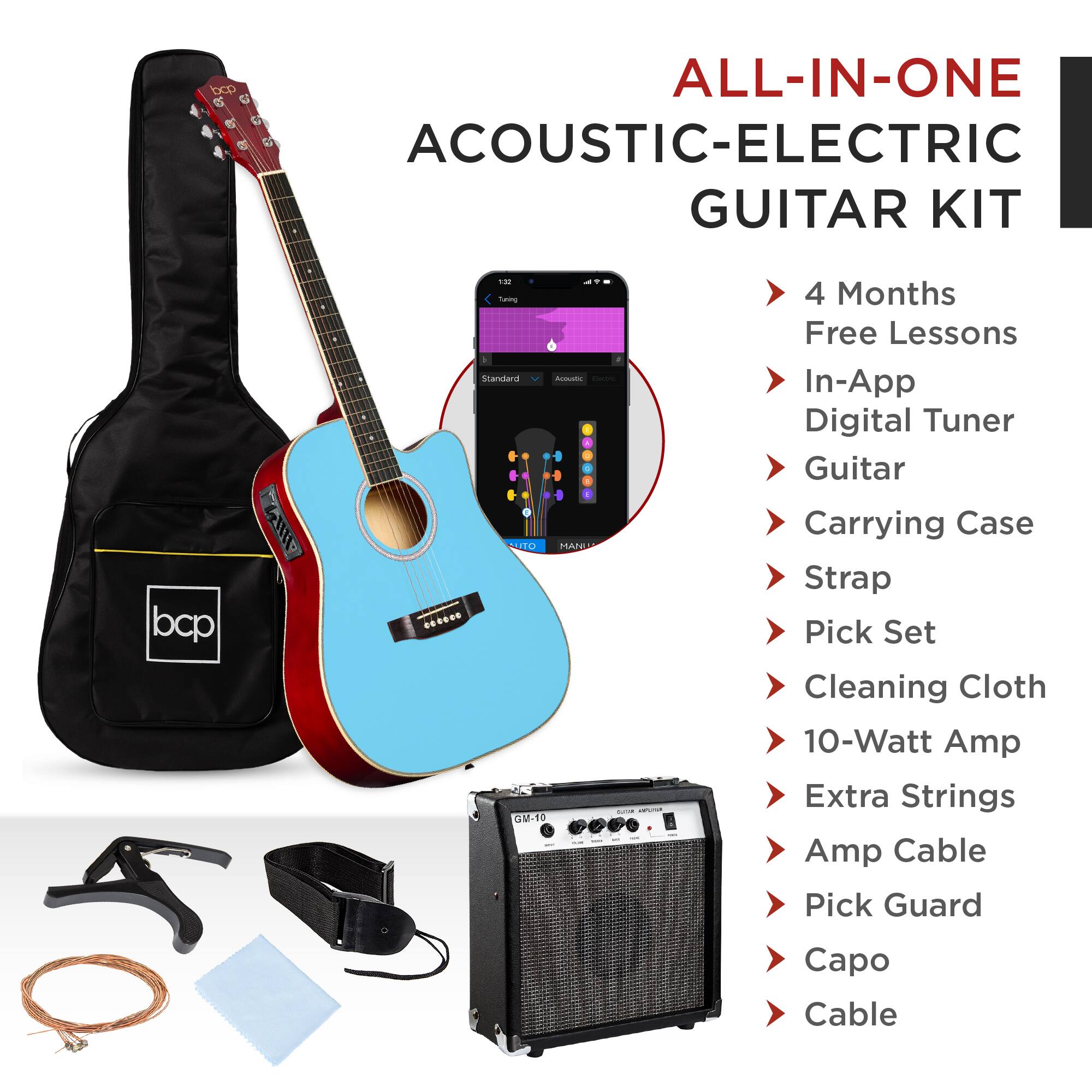 ALL-IN-ONE ACOUSTIC-ELECTRIC GUITAR KIT

- 4 Months Free Lessons
- In-App Digital Tuner
- Guitar
- Carrying Case
- Strap
- Pick Set
- Cleaning Cloth
- 10-Watt Amp
- Extra Strings
- Amp Cable
- Pick Guard
- Capo
- Cable