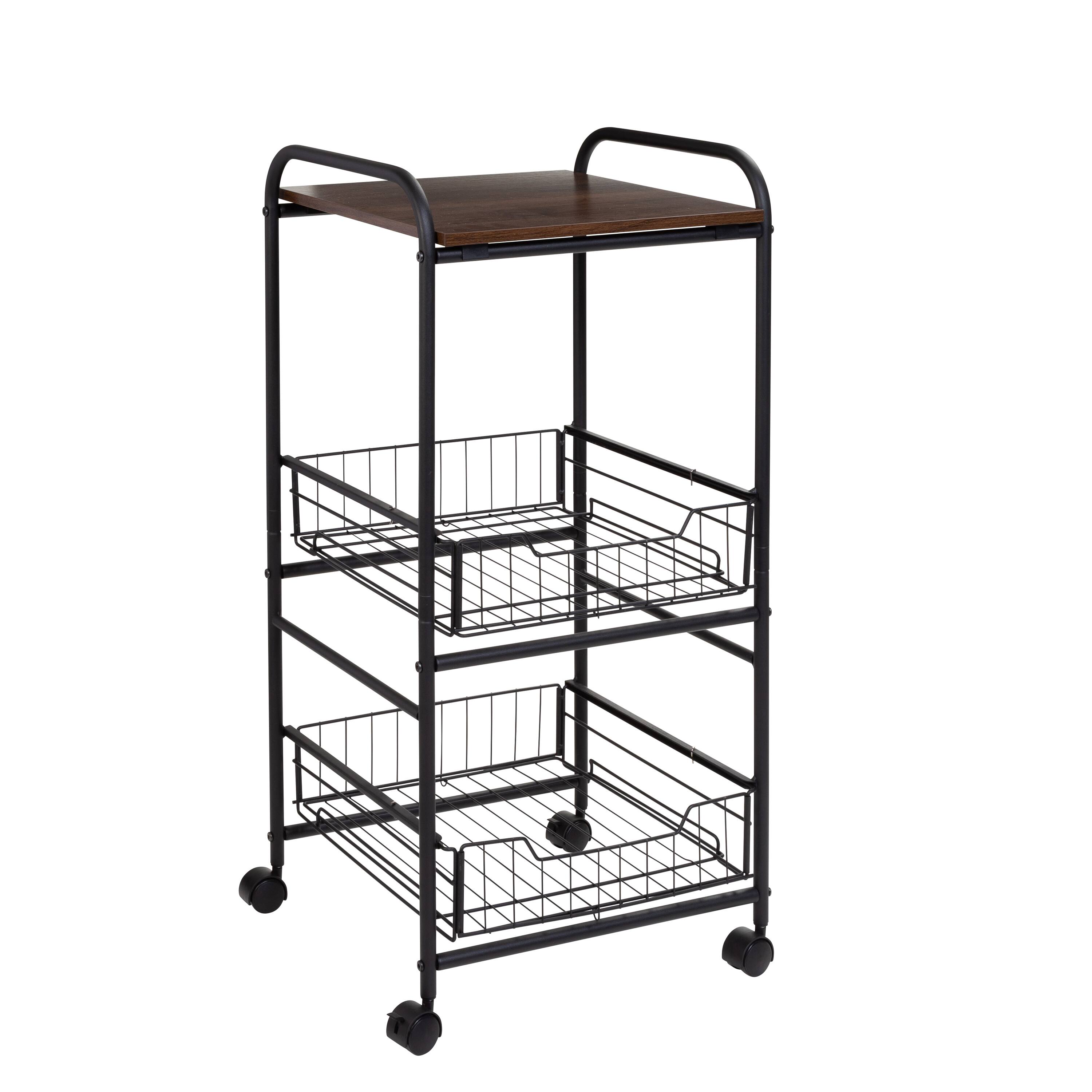 Angle. Honey-Can-Do - 3-Tier Slim Rolling Cart with Metal Basket Drawers - Black/Natural.