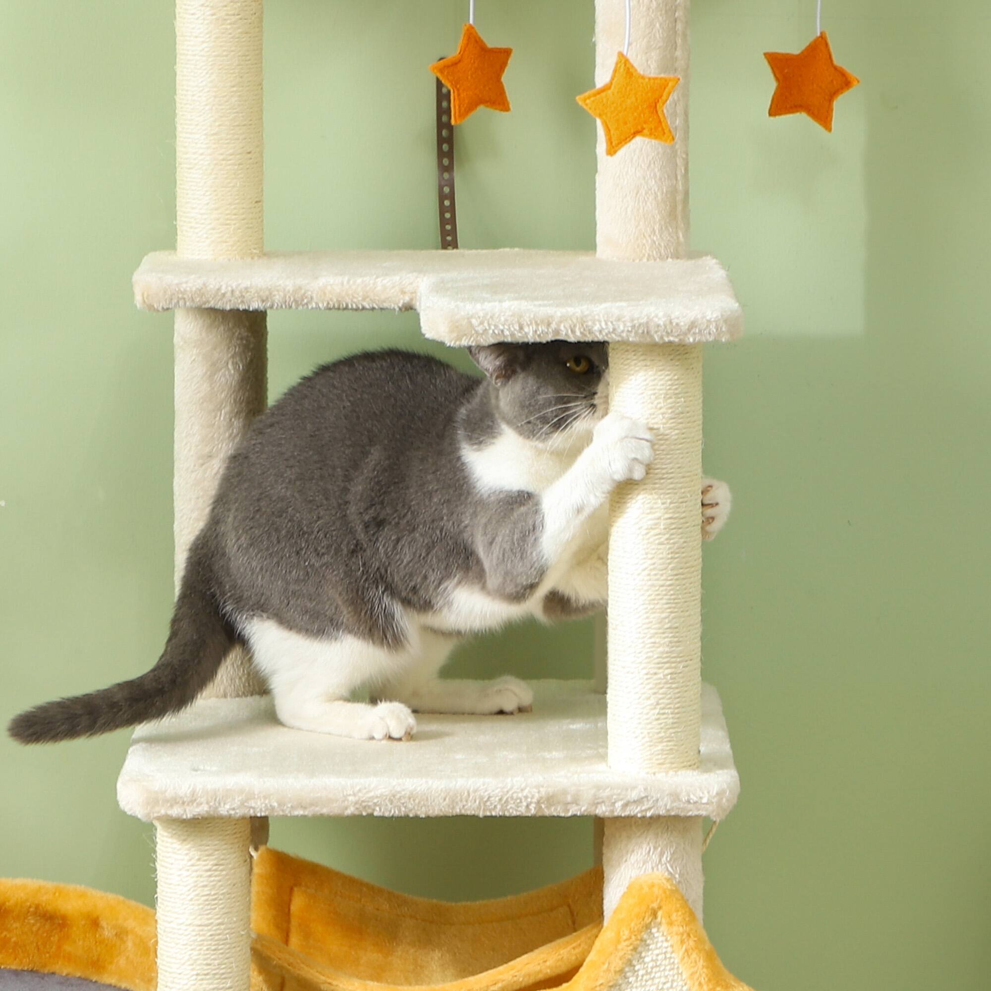 Alt View 5. Pawhut - 63" Cat Tower for Large Adult Indoor Cats, Moon and Star Themed with Scratching Post, Hammock, Condo, Bed, Board & Toys - Beige.