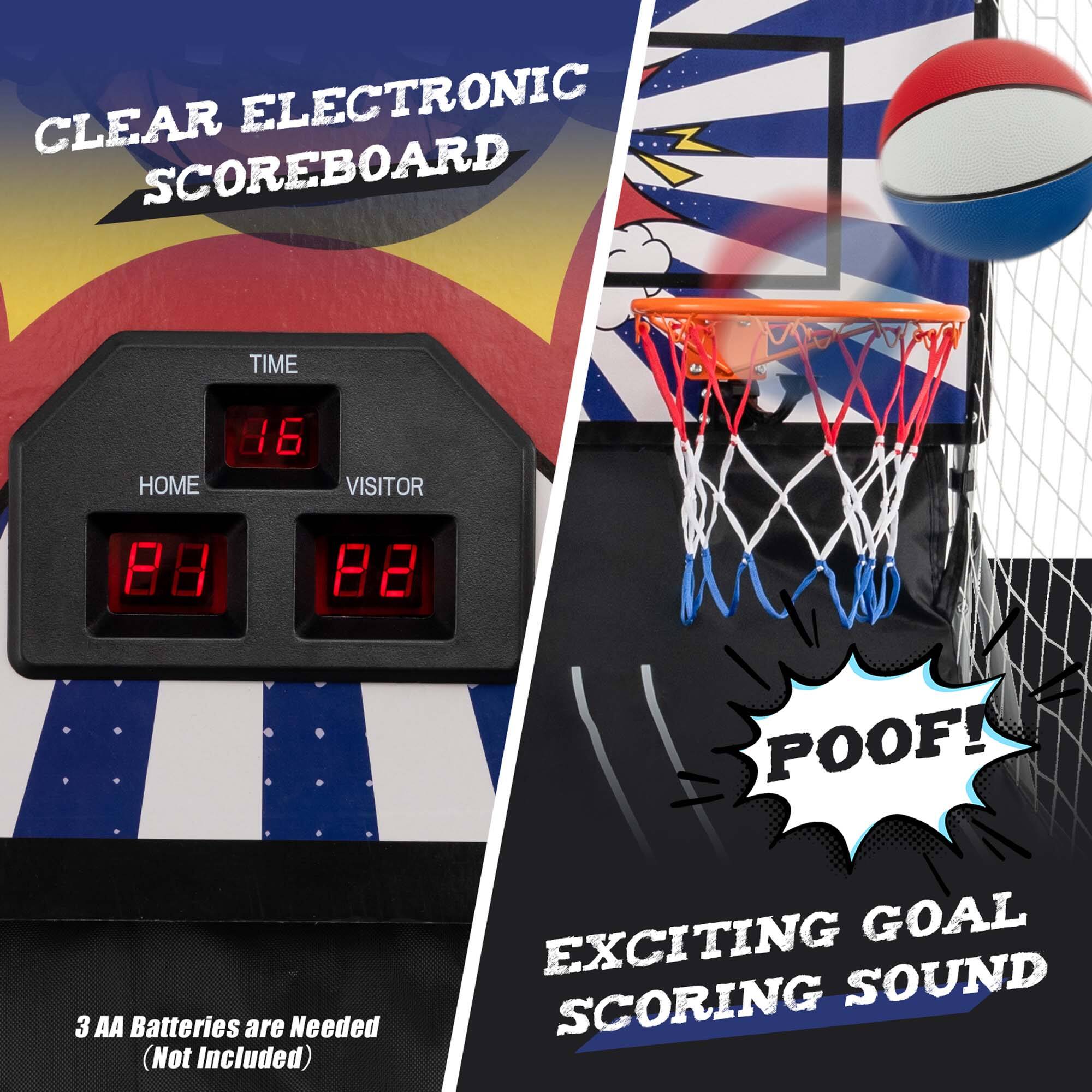 The image features a clear electronic scoreboard and a basketball hoop. The scoreboard displays the time and the current score of the game. The scoreboard also has a "poof" sound effect, adding excitement to the game. The basketball hoop is located next to the scoreboard, indicating that the game is taking place on a basketball court. The image is likely promoting a basketball-related product or event.