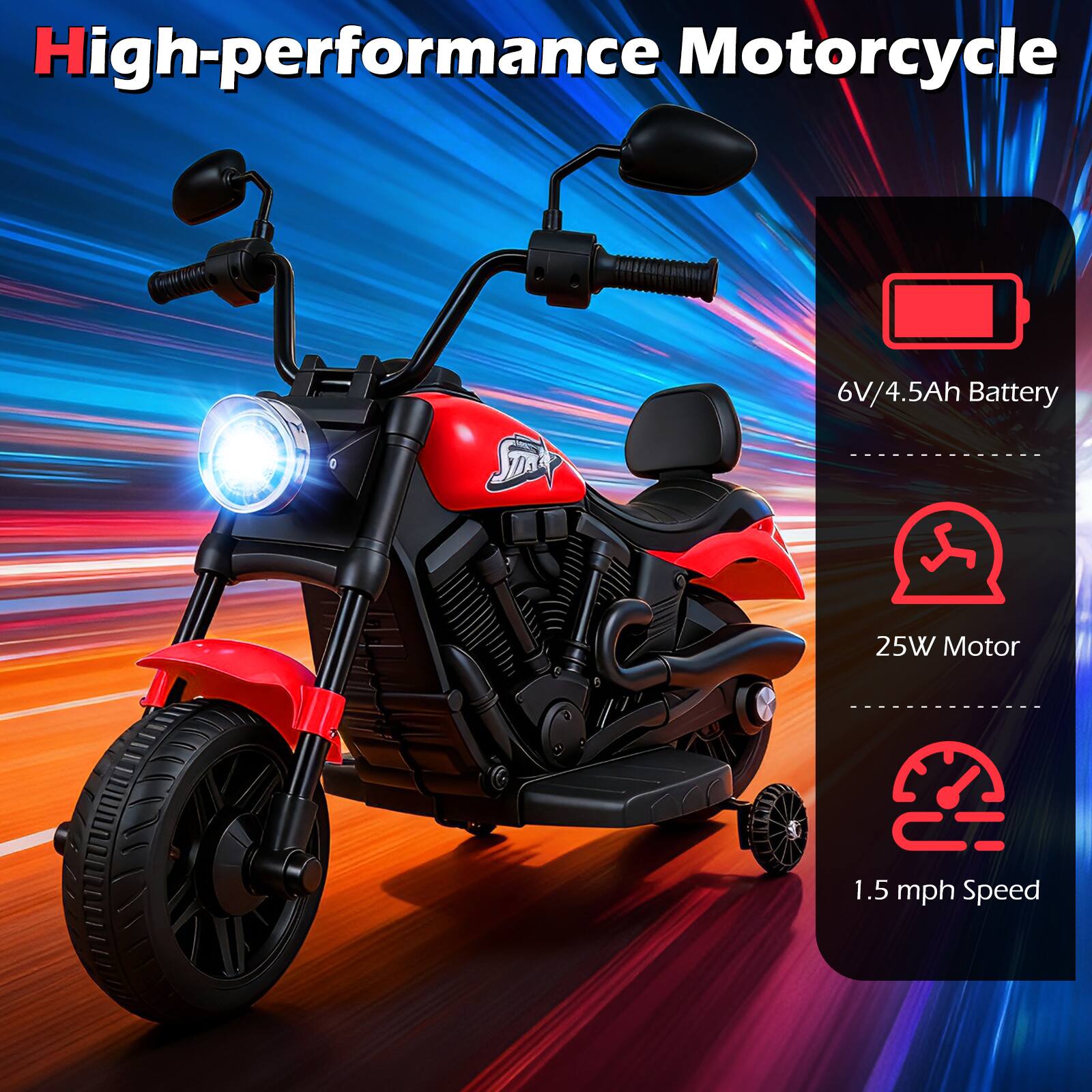 High-performance Motorcycle  
6V/4.5Ah Battery  
25W Motor  
1.5 mph Speed