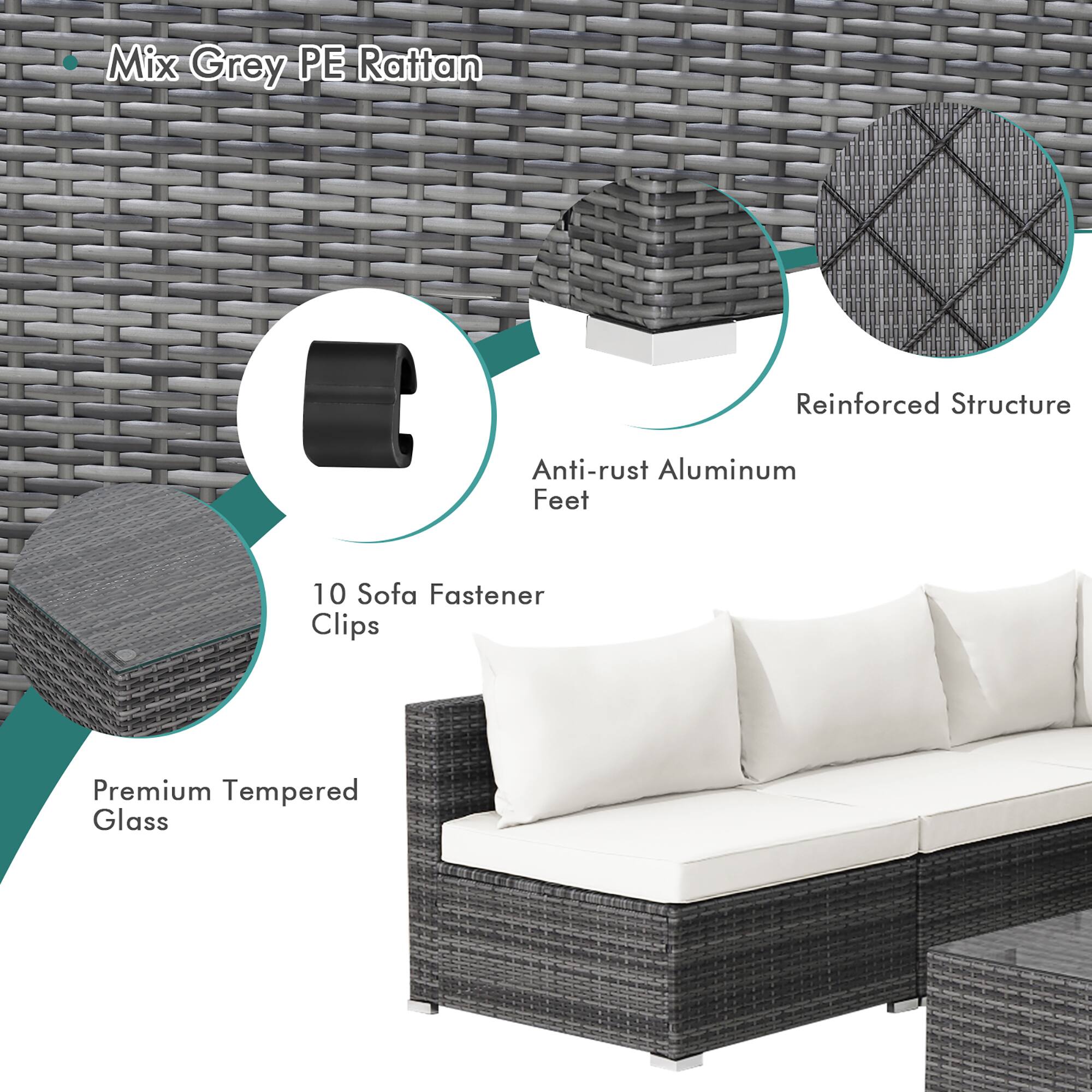 Mix Grey PE Rattan Reinforced Structure Anti-rust Aluminum Feet 10 Sofa Fastener Clips Premium Tempered Glass