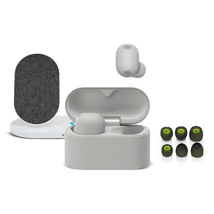 Front. Sony - Sony WF-1000XM6 Wireless Earbuds (Platinum Silver) with Accessories Bundle.