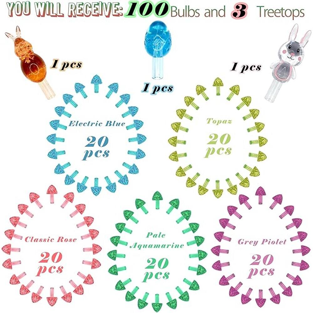 YOU WILL RECEIVE: 100 Bulbs and 3 Treetops

- 1 pcs
- 1 pcs
- 1 pcs

- Electric Blue: 20 pcs
- Topaz: 20 pcs
- Classic Rose: 20 pcs
- Pale Aquamarine: 20 pcs
- Grey Piolet: 20 pcs