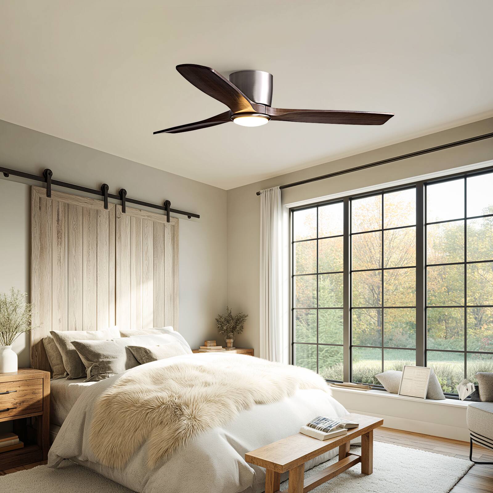 Alt View 1. Siljoy - 52 Inch Brushed Nickel Low Profile Ceiling Fan Light 3 Natural Wood Blades LED Fan For Indoor Living Bedroom - Brushed Nickel.
