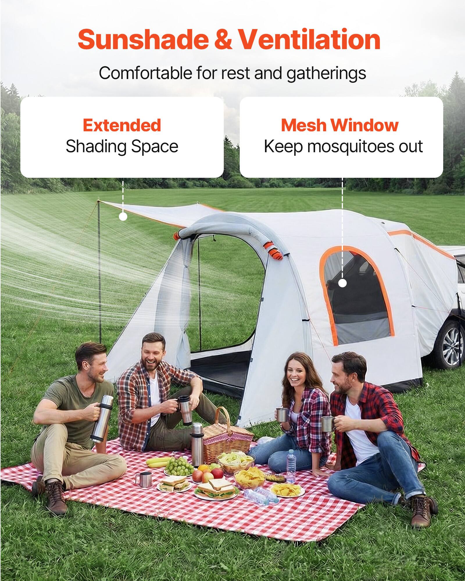 Sunshade & Ventilation  
Comfortable for rest and gatherings  

Extended Shading Space  

Mesh Window  
Keep mosquitoes out