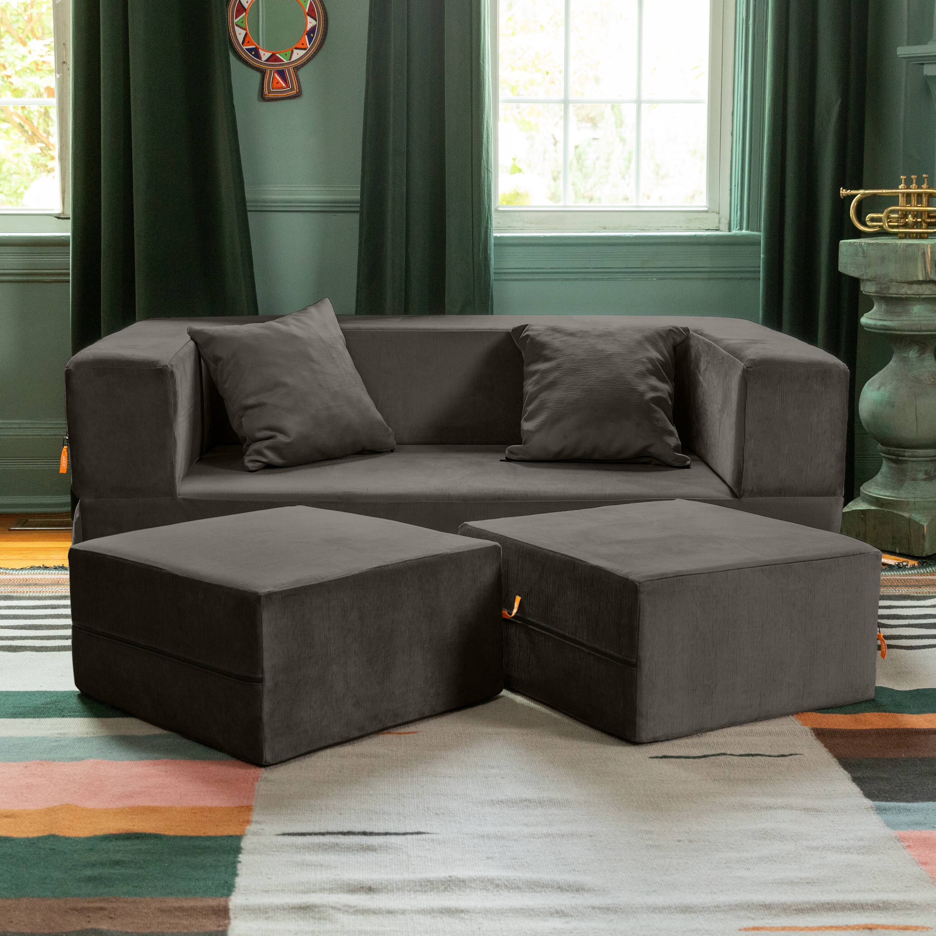 Alt View 1. Jaxx - Jaxx Zipline Convertible Sleeper Loveseat & Ottomans, Textured Microvelvet - Charcoal - Charcoal.