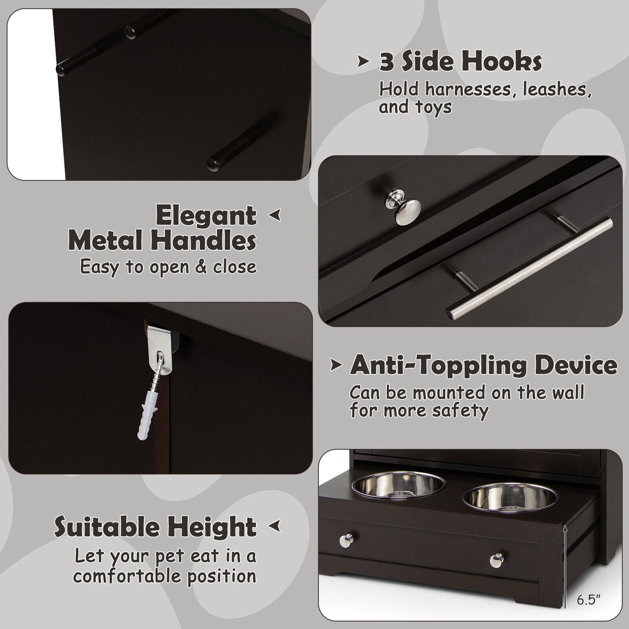 - 3 Side Hooks: Hold harnesses, leashes, and toys
- Elegant Metal Handles: Easy to open & close
- Anti-Toppling Device: Can be mounted on the wall for more safety
- Suitable Height: Let your pet eat in a comfortable position
- 6.5"
