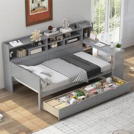 Tiramisubest - Wooden Twin Size Daybed with Storage Shelves, Multi-functional Bed with Two Storage Drawers and Study Desk, Gray - Gray