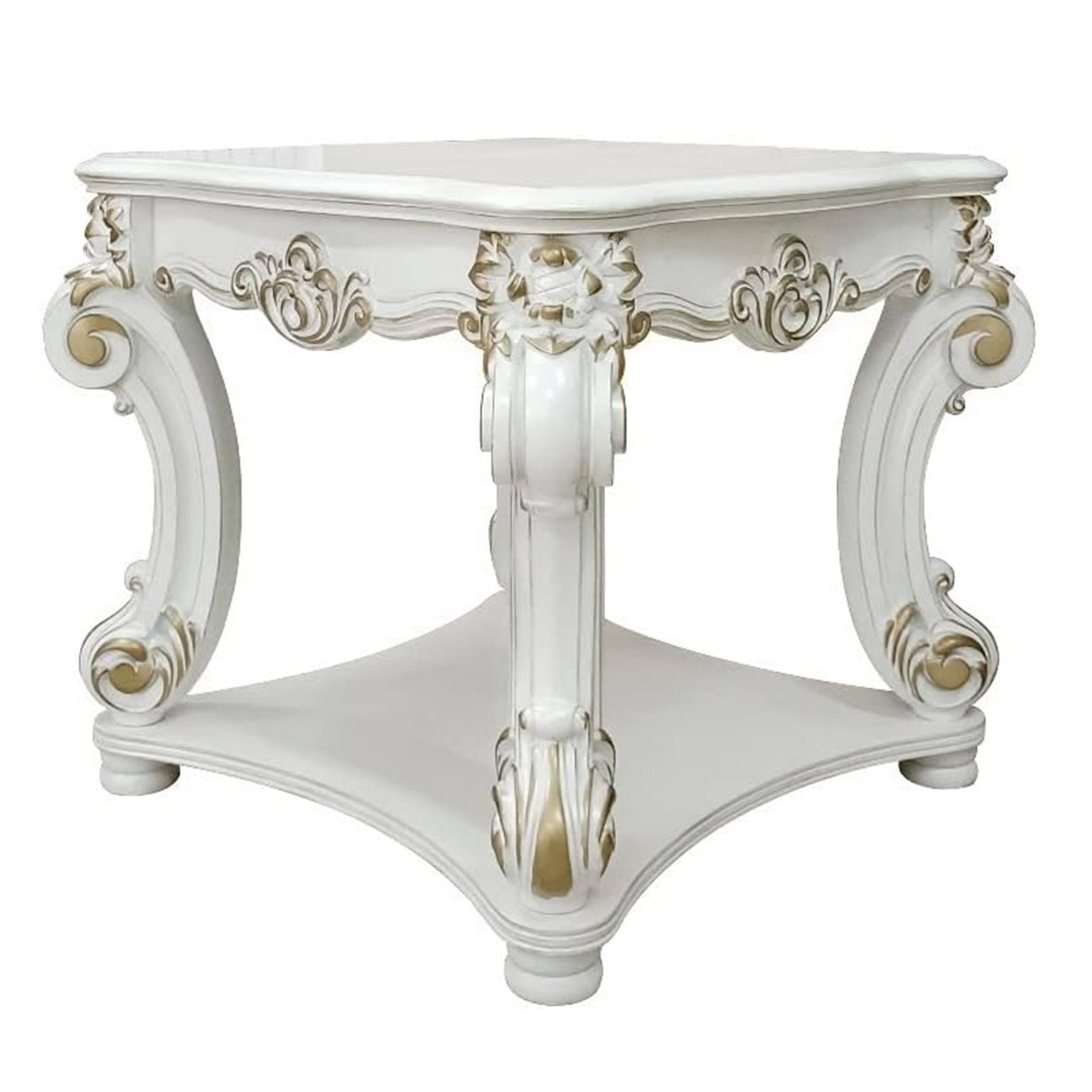 Front. Manhattan Lane - Jess 30 Inch Side End Table, Classic Scrolled Legs, 1 Shelf - White, Gold.