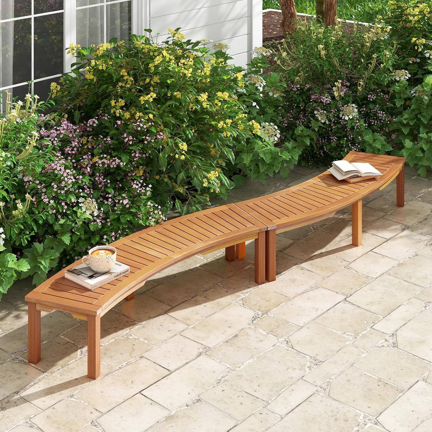 Angle. SlickBlue - Set of 2 Outdoor Backless Wooden Garden Benches with Modern Arch Design - Brown.